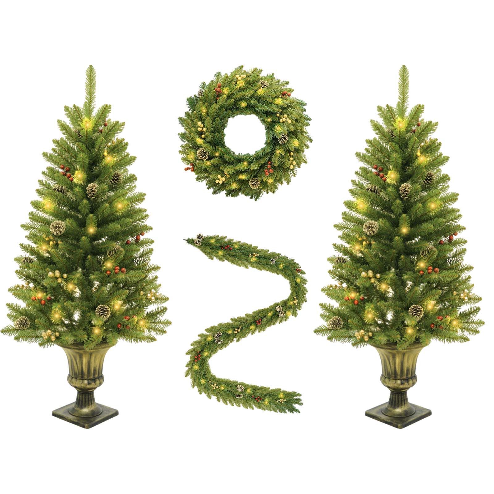 GarveeMore Künstlicher Weihnachtsbaum Weihnachts-Dekoset, 2x120cm schlanke Bäume, Kranz & Girlande
