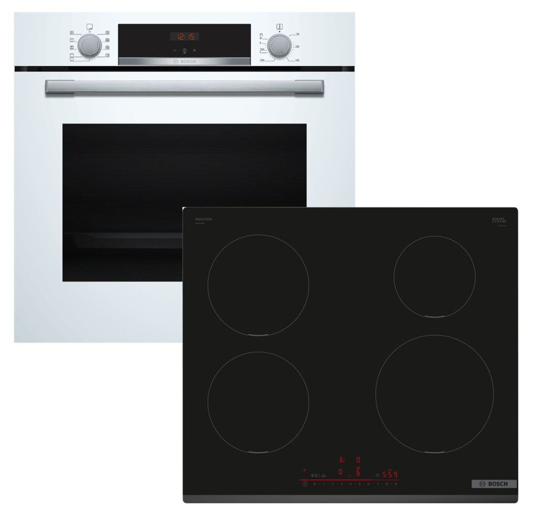 BOSCH Backofen-Set weiß EcoClean + Induktionskochfeld HomeConnect PowerBoost autark 60cm