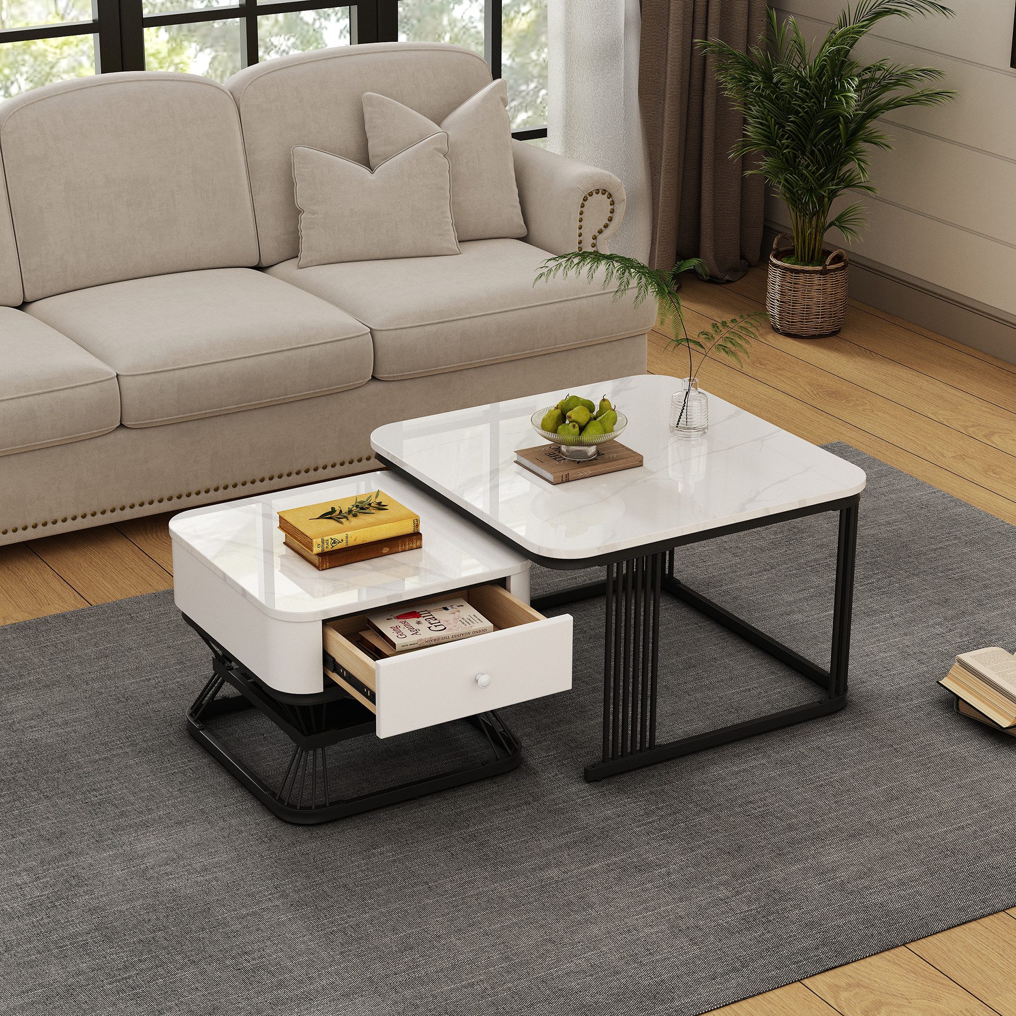 HAUSS SPOLE Couchtisch mit Marmoroptik,2er-Set Wohnzimmertisch Sofatisch mit Schublade (Set, 1-St., Wohnzimmertisch-Set mit 1 Schublade), geometrischer Kaffeetish Set,hochglänzende Marmoroptik