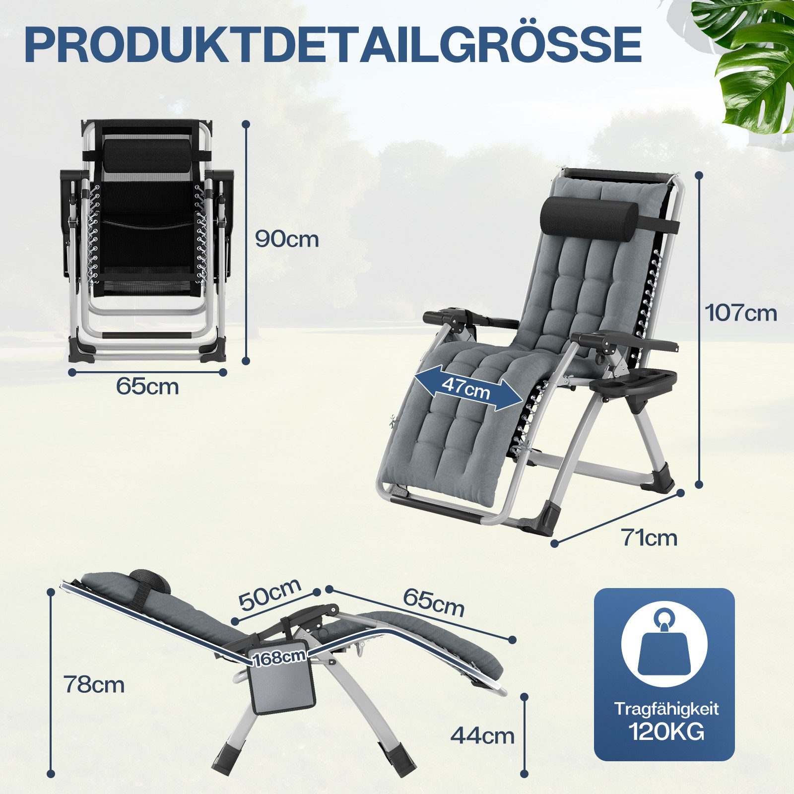 Huracan Gartenliege Sonnenliege Klappbar, Gartenliege Wetterfest mit Ergonomisches Polster, 1 St., Strandliege Verstellbare Rückenlehne, Liegestuhl Garten mit N – Bild 2 von 5