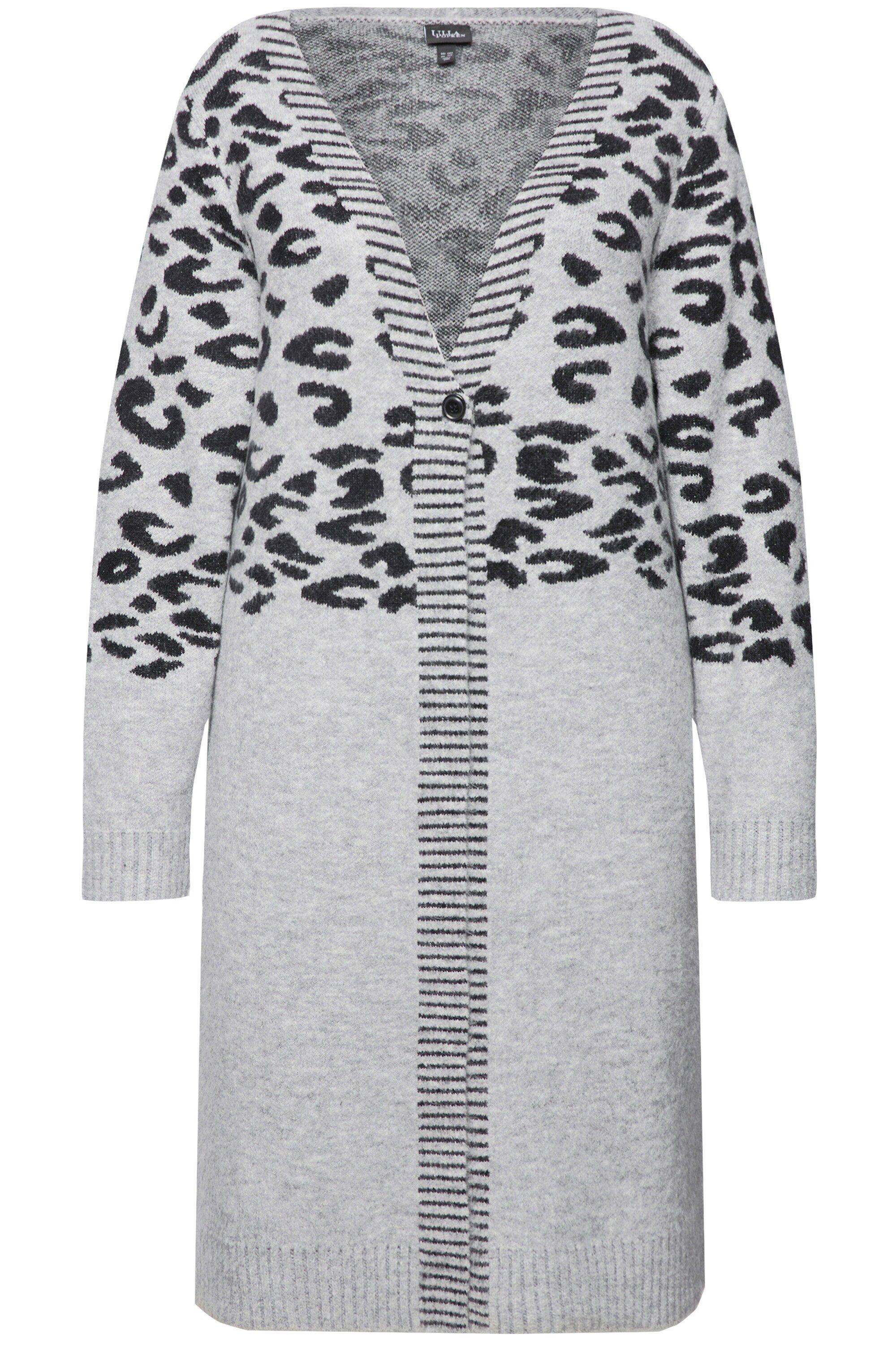 Ulla Popken Strickjacke Long-Strickjacke Leomuster V-Ausschnitt Langarm günstig online kaufen