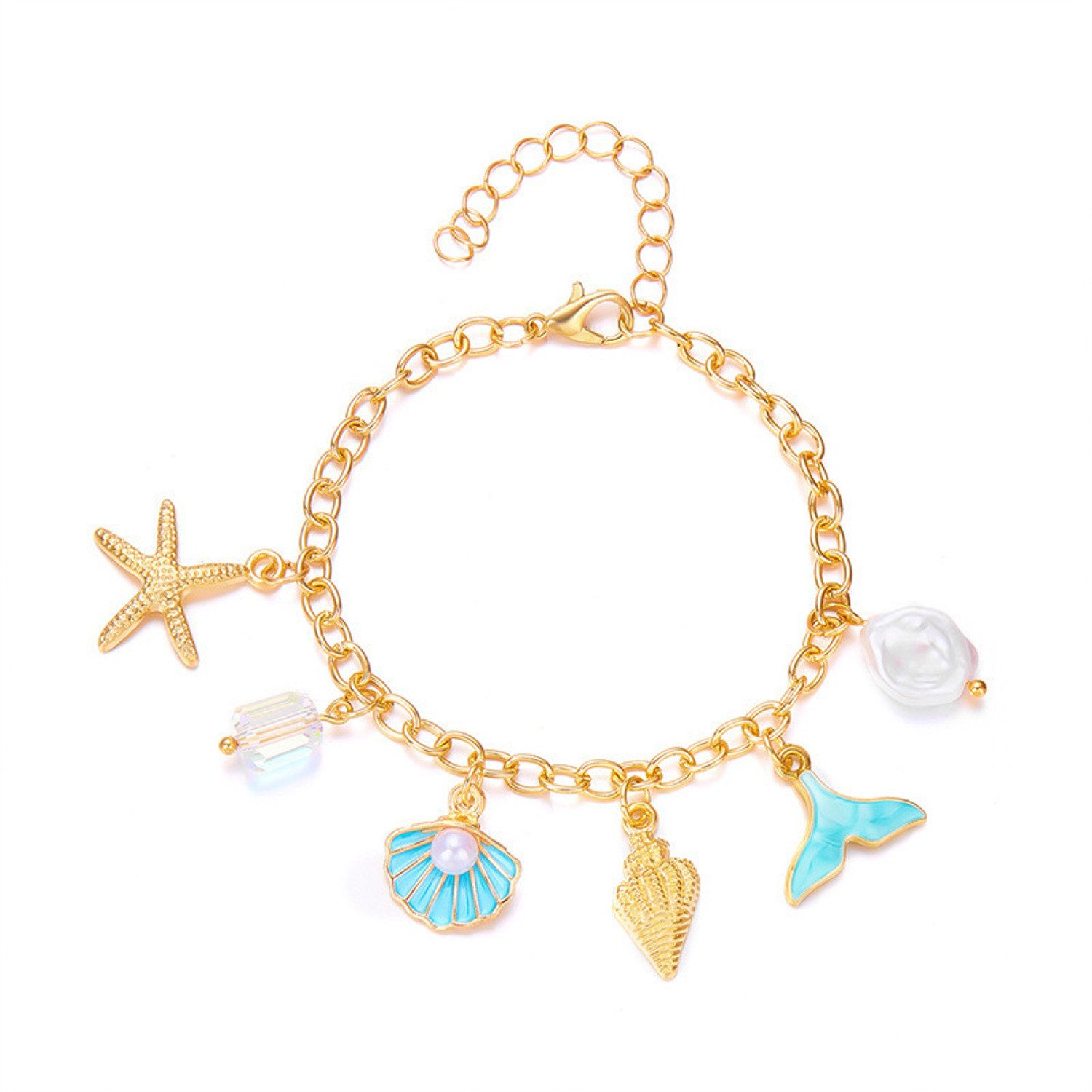 KARMA Bettelarmband Damenamband Gold maritime Anhänger Charms verstellbar (Damenschmuck Geschenk für Sie, Sommerliches Schmuckstück), mit Seestern, Fischflosse, Muschel, Perle & Kristall
