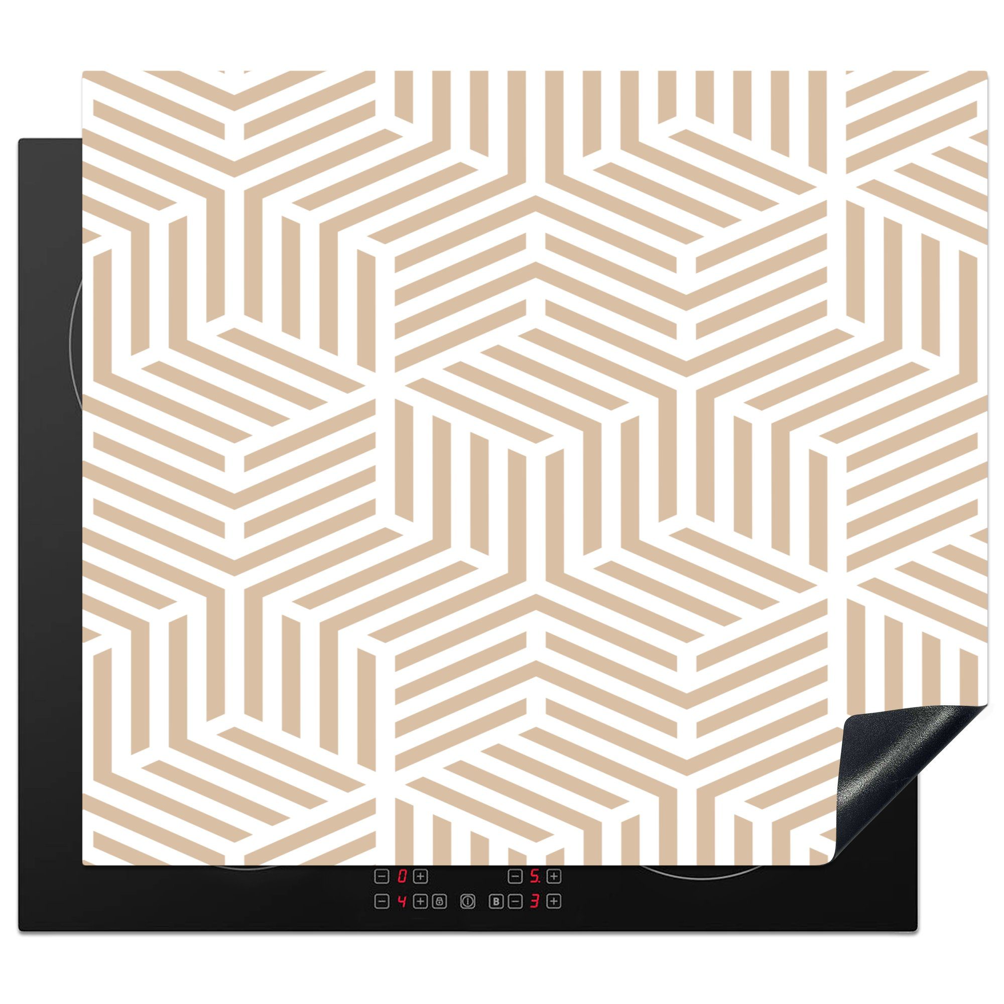 MuchoWow Herdblende-/Abdeckplatte Beige - Geometrie - Muster - Abstrakt, Vinyl, (1 tlg), 57x51 cm, Induktionsschutz, Induktionskochfeld, Ceranfeldabdeckung