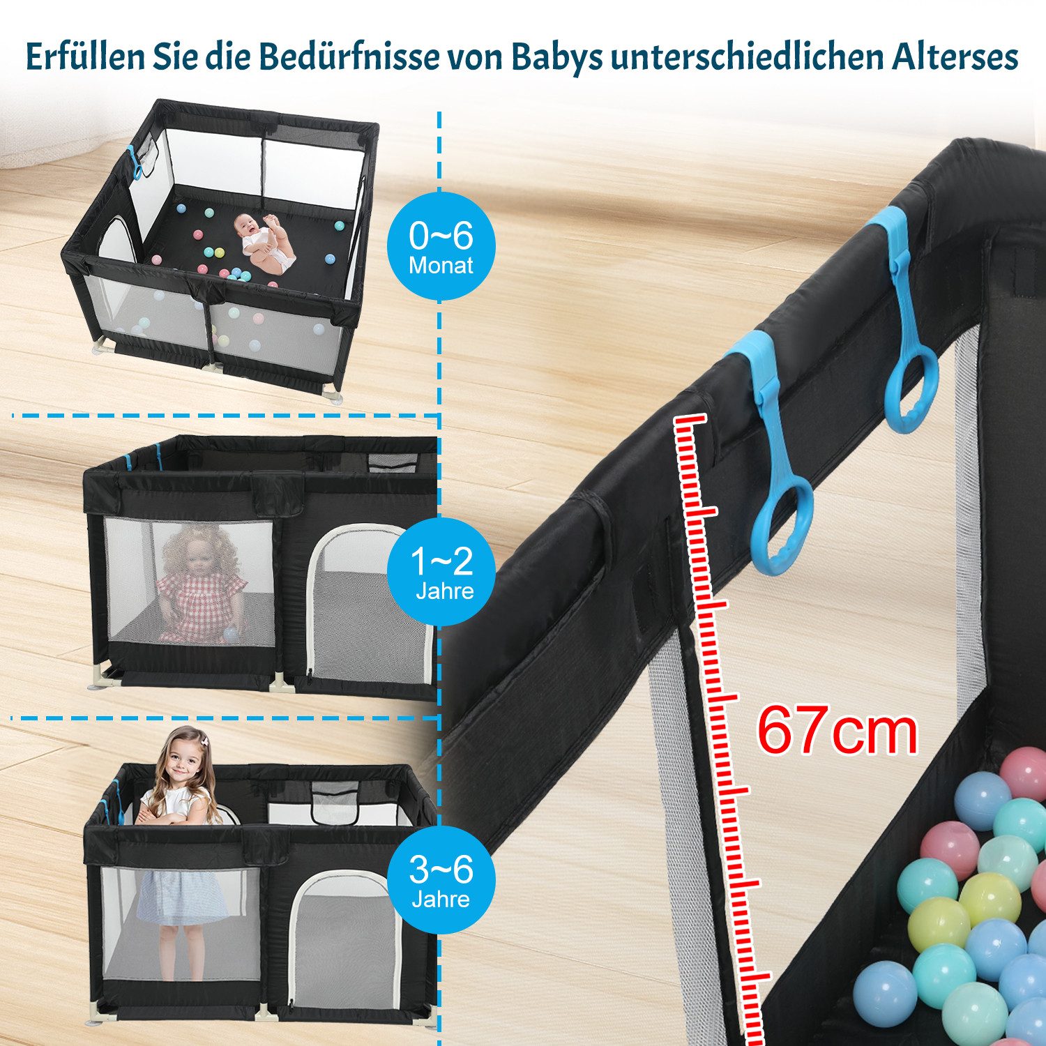 oyajia Laufgitter Laufstall für Babys, Schutzgitter für Kinder, Babyzaun, mit Ozeanbälle, Stehender Zugring