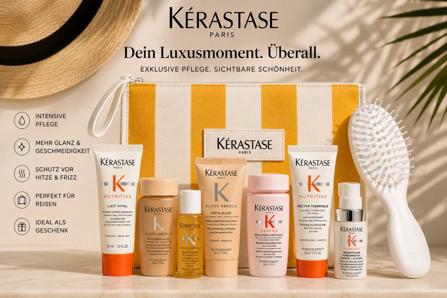 Kérastase Haarpflege-Set Exclusive Summer Beauty Discovery Set mit Beautybag, 9-tlg., ideal für Reisen, zum Kennenlernen oder als luxuriöses Geschenk.