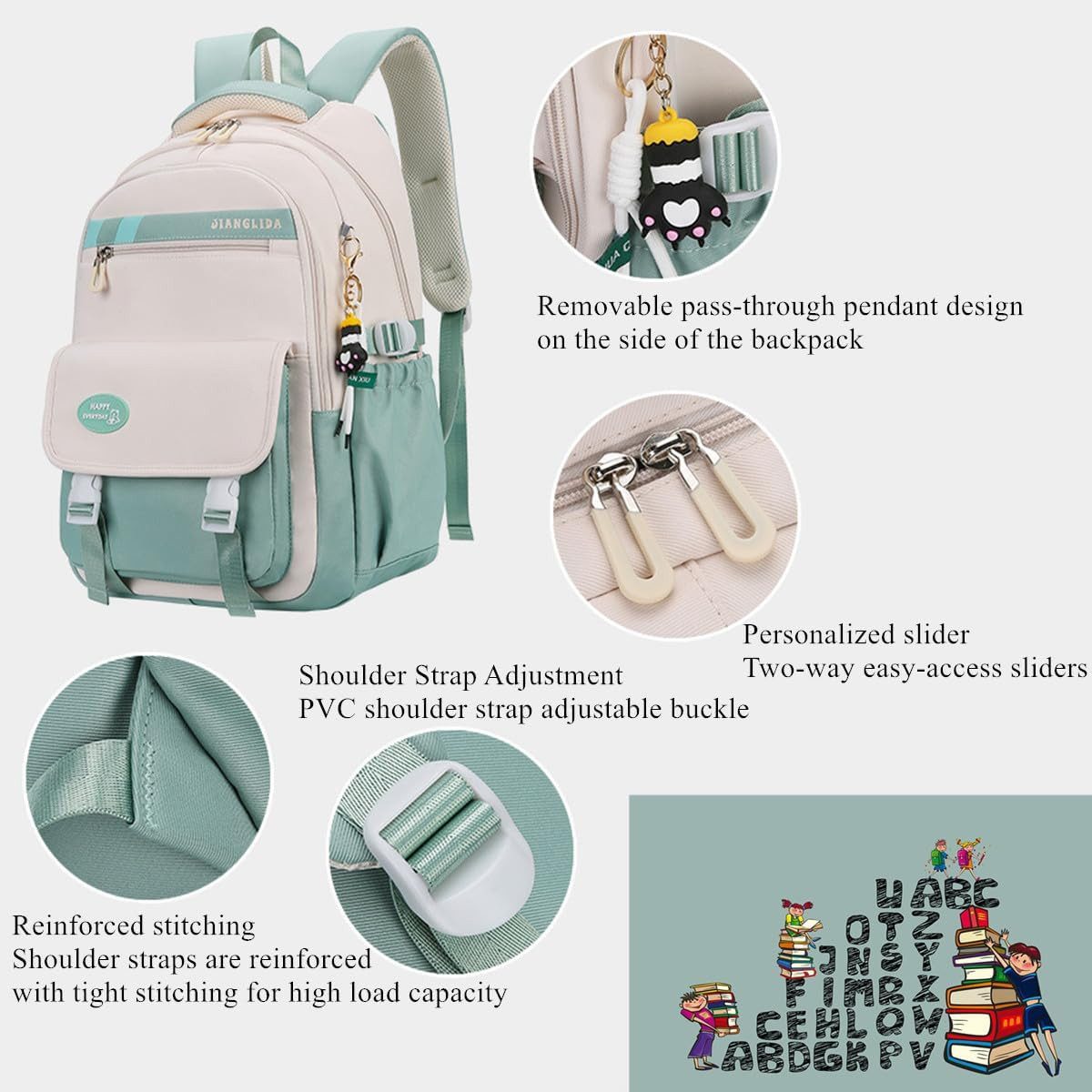 MOPUEA Schulrucksack 3-teiliges Schulrucksack-Set Turnbeutel Mit 6 magnetischen Lesezeichen (Multi-Tasche Schulranzen Rucksack Daypacks Schultaschen-Set Teenager, 3-tlg., Rucksack, Umhängetasche und Federmäppchen)