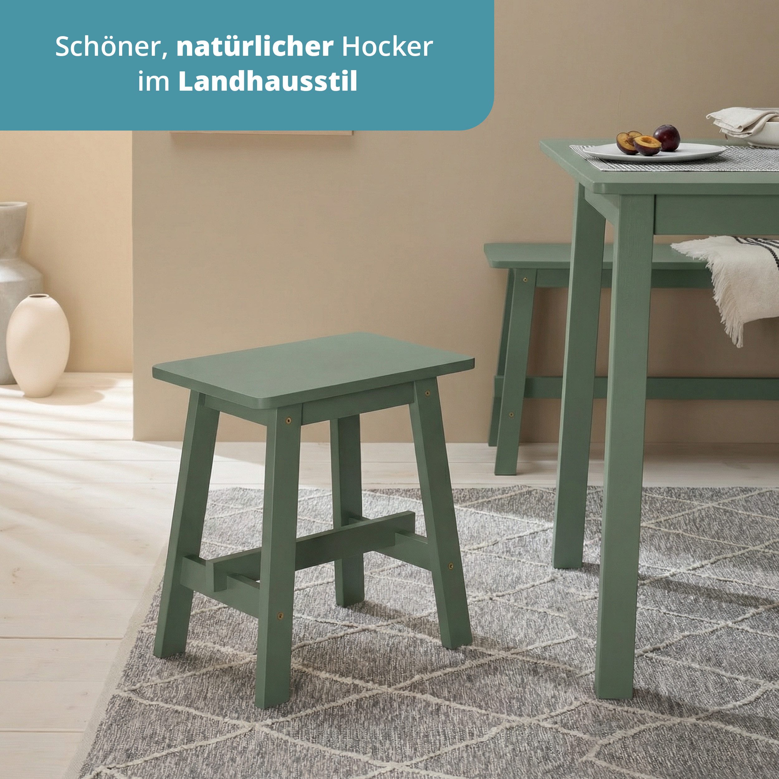KHG Hocker Dekohocker Grün für eine Person, Skandi Look, bis 200 kg belastbar, lackiert, pflegeleicht, Massivholzgestell