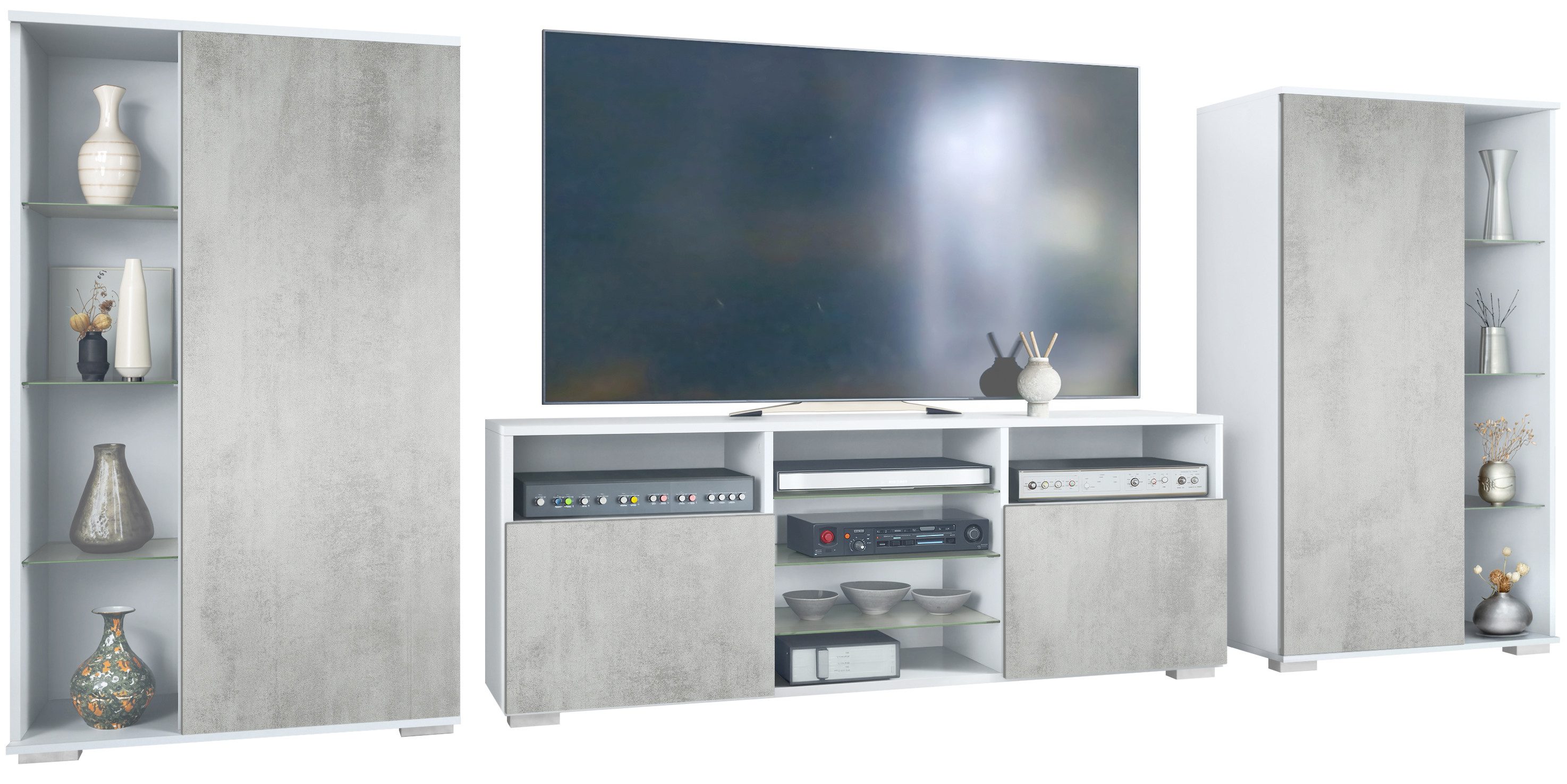 Vladon Wohnwand Davos, (Anbauwand, bestehend aus 2 Vitrinen und 1 TV-Board), Weiß matt/Beton Oxid Optik (329 x 134 x 35 cm)