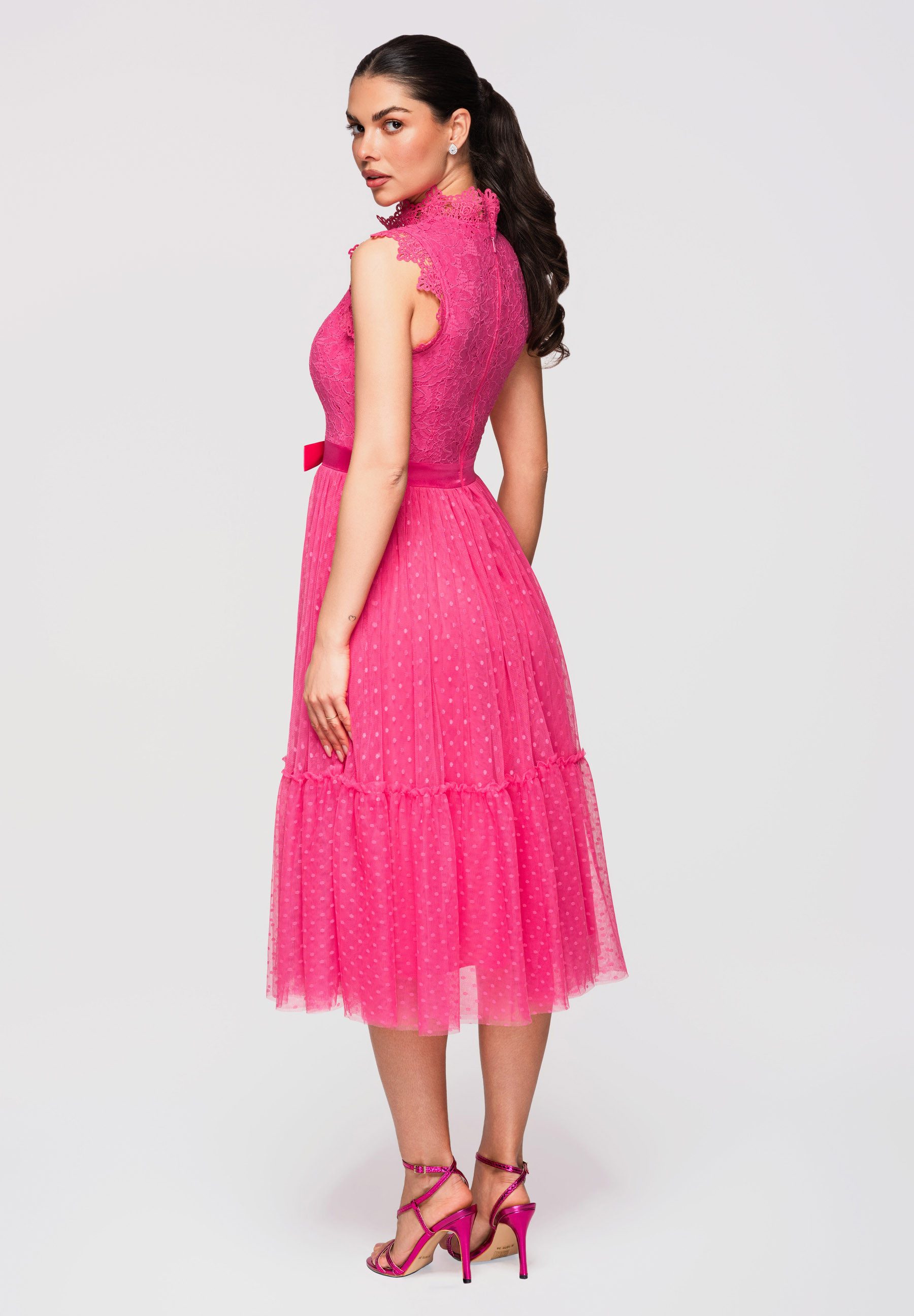 OMBRE Abendkleid Damen Midikleid Spitze A-Linie Cocktailkleid Fuschia M (kein Set, 1-tlg) Koronkowa góra, dół z siatki – Bild 3 von 5