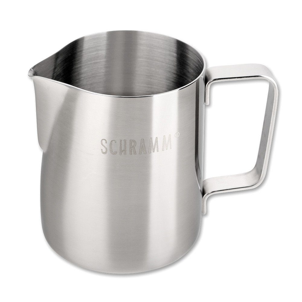 Schramm Milchkanne Schramm® Milchkännchen Milchkanne Edelstahl 350ml Milch aufschäumen Krug Aufschäumkännchen mit Baristastift Milchschaum Latte Macchiato Cafè Latte silber