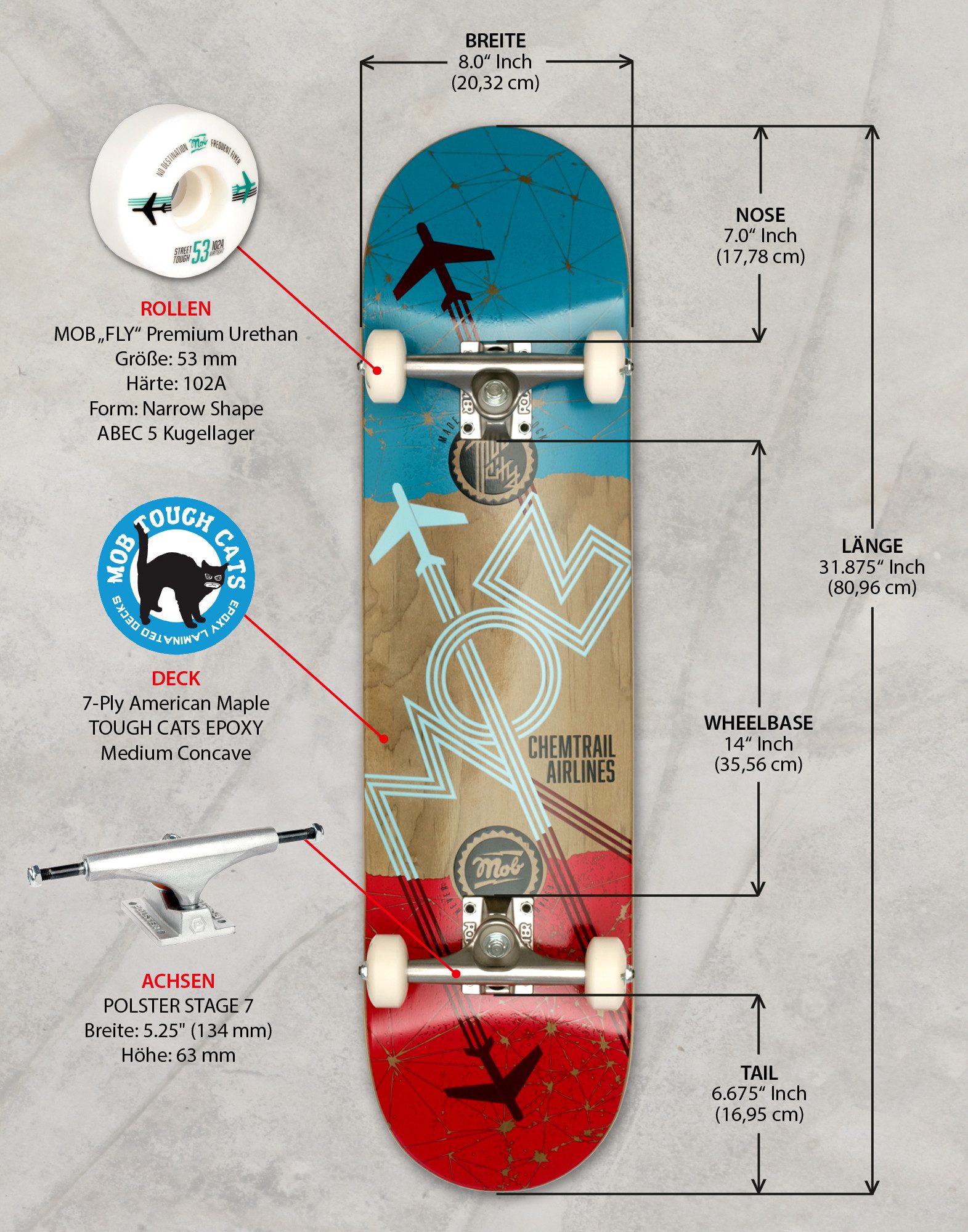 Mob Skateboards Skateboard Airlines 8.0 - Komplettboard 31 x 8 Zoll (Holzboard aus 7 Schichten Ahornholz, 1-St., fertig montiert), Skateboard für Jugendliche, Erwachsene, Anfänger und Profis