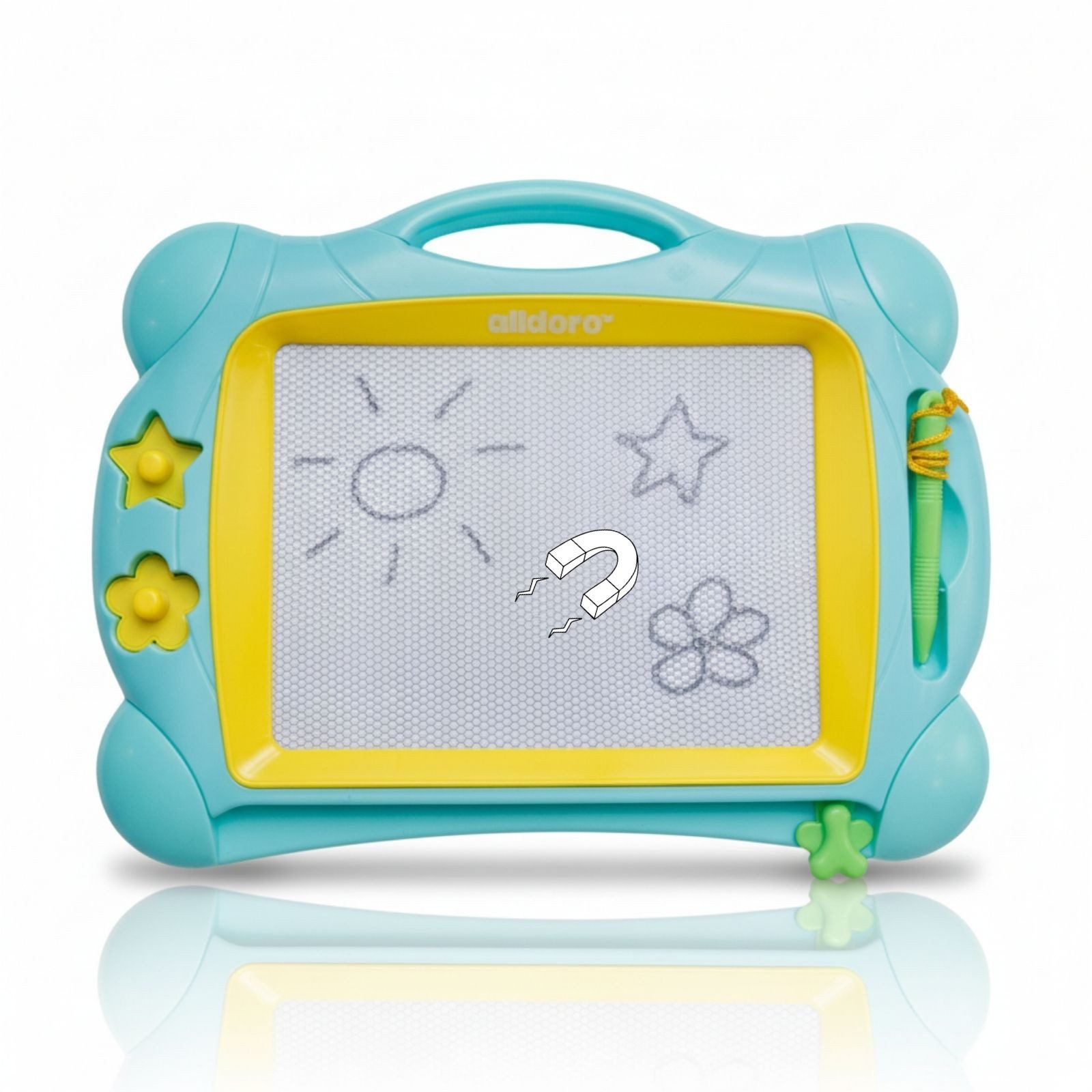 alldoro Zaubertafel magnetisch für Kinder, schwarz-weiß 32 x 25 cm mit Stift & Stempeln, Magnettafel tragbar mit Löschfunktion, Malspaß für zuhause & unterwegs
