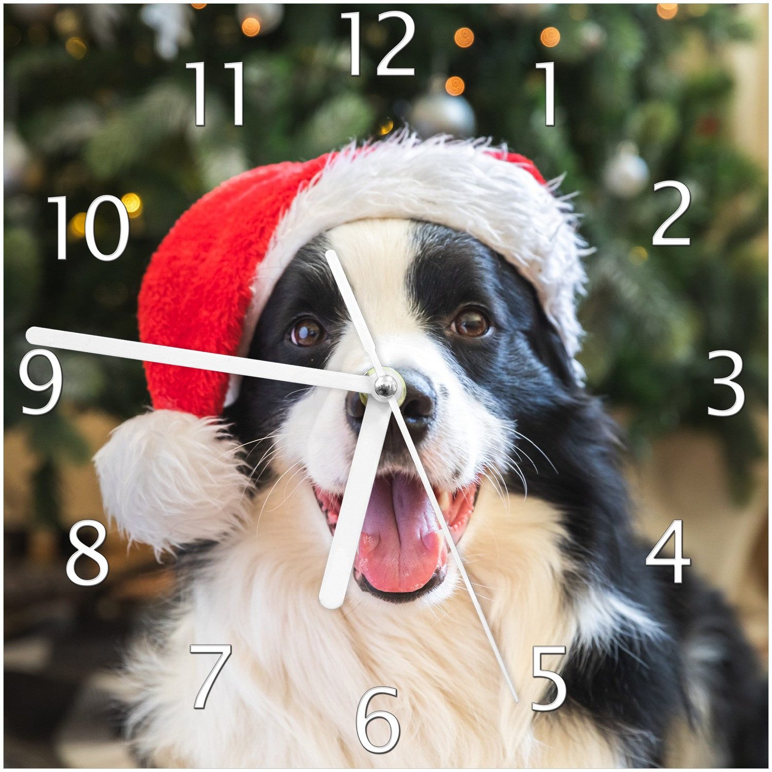 Wallario Wanduhr Weihnachtsfreude auf vier Pfoten (Glasuhr)