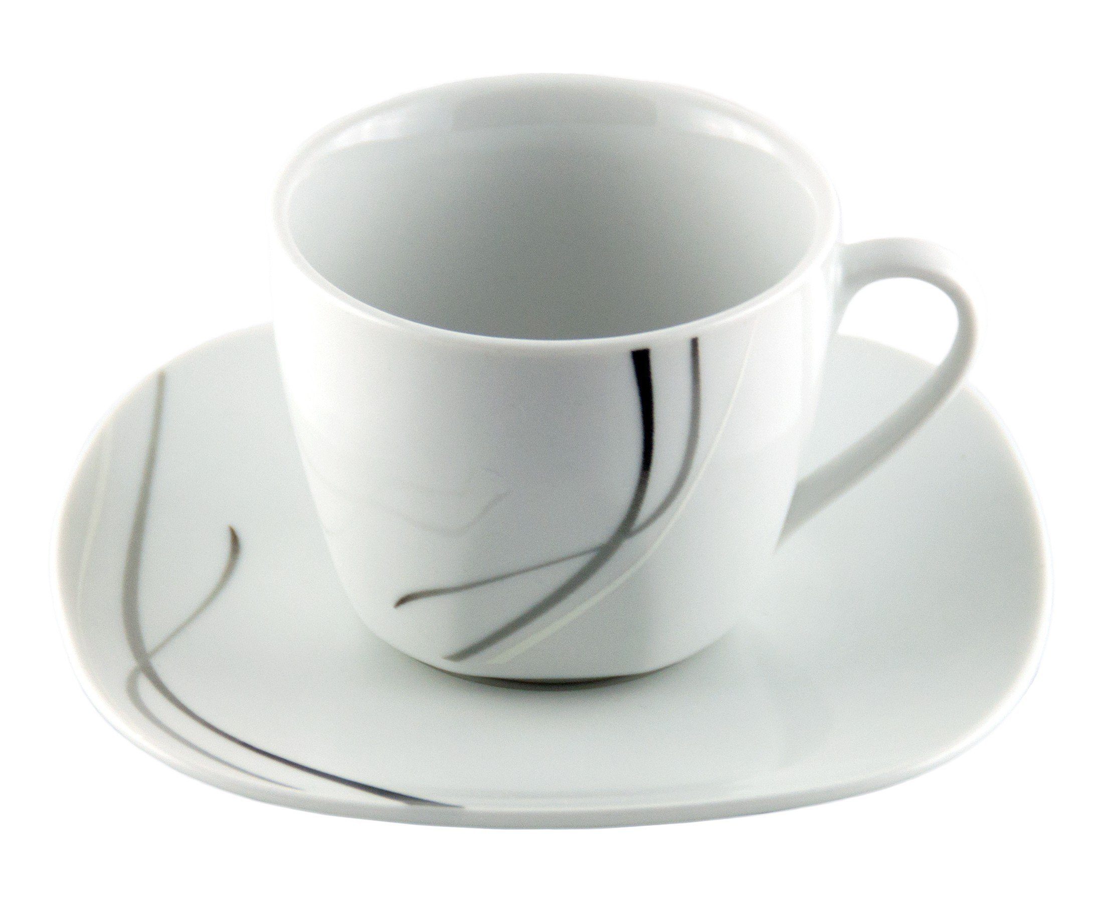 van Well Tasse Kaffeetassenset - 4x Kaffeetasse 20cl mit 4x Untertasse Silver Night, Porzellan