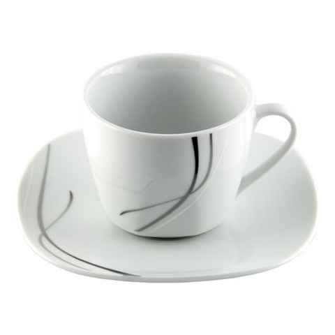 van Well Tasse Kaffeetassenset - 4x Kaffeetasse 20cl mit 4x Untertasse Silver Night, Porzellan