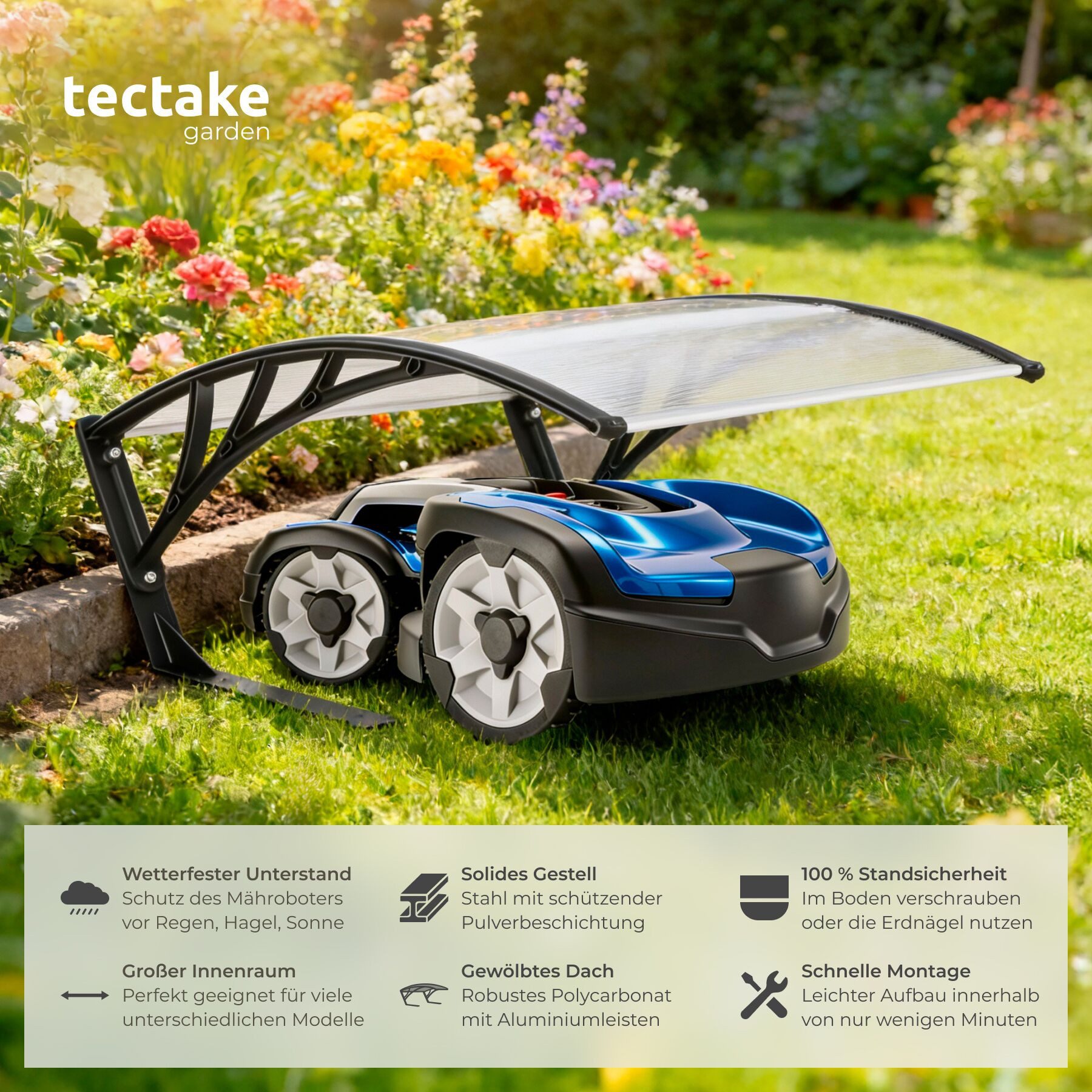 tectake Mähroboter-Garage Rasenmäher-Roboter-Garage Inkl. 4 Erdnägeln, 81 x 100 x 48 cm, für Rasenmäher, (Mähroboter-Unterstand Domus, in transparent), gewölbte – Bild 2 von 5