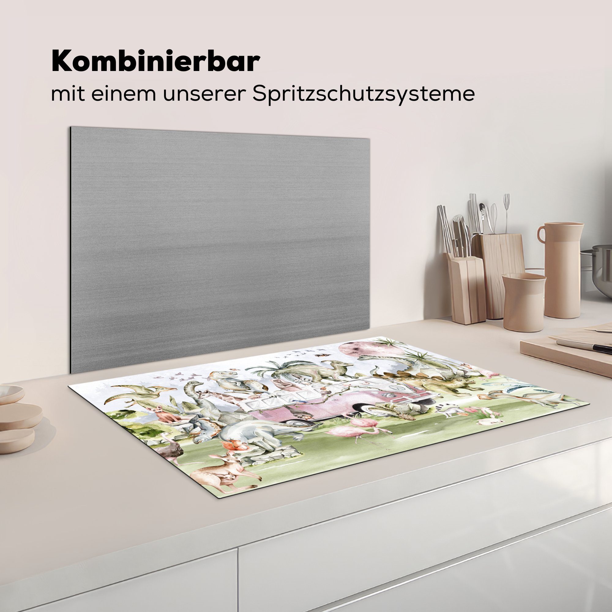 MuchoWow Herdblende-/Abdeckplatte Vinyl, Tiere - die 81x52 Dinosaurier - - (1 Induktionskochfeld küche, Schutz für cm, - Kinder Kinder, - Bäume Bus tlg), Ceranfeldabdeckung