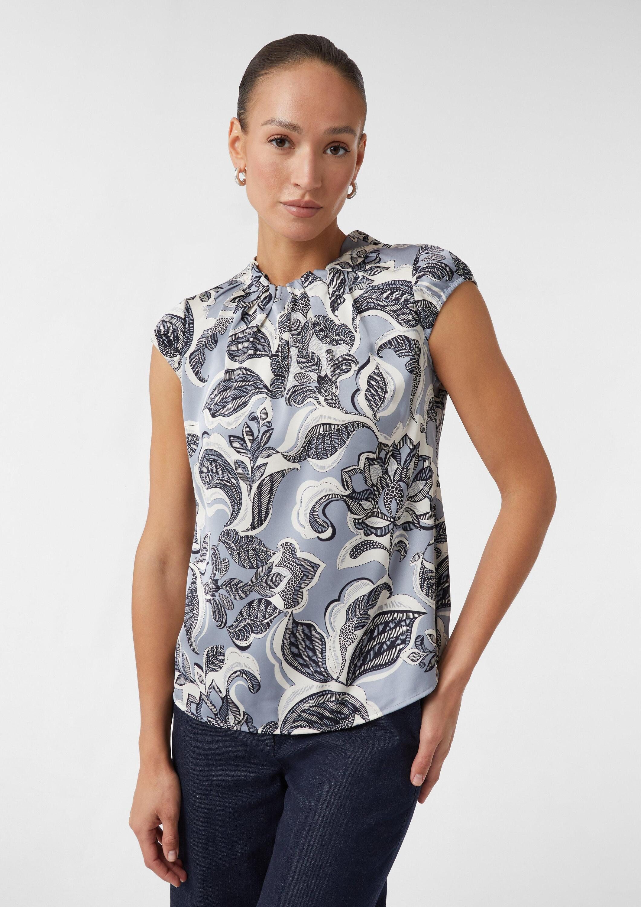 comma Kurzarmbluse Bluse Satinbluse mit Raffung und All-over-Print