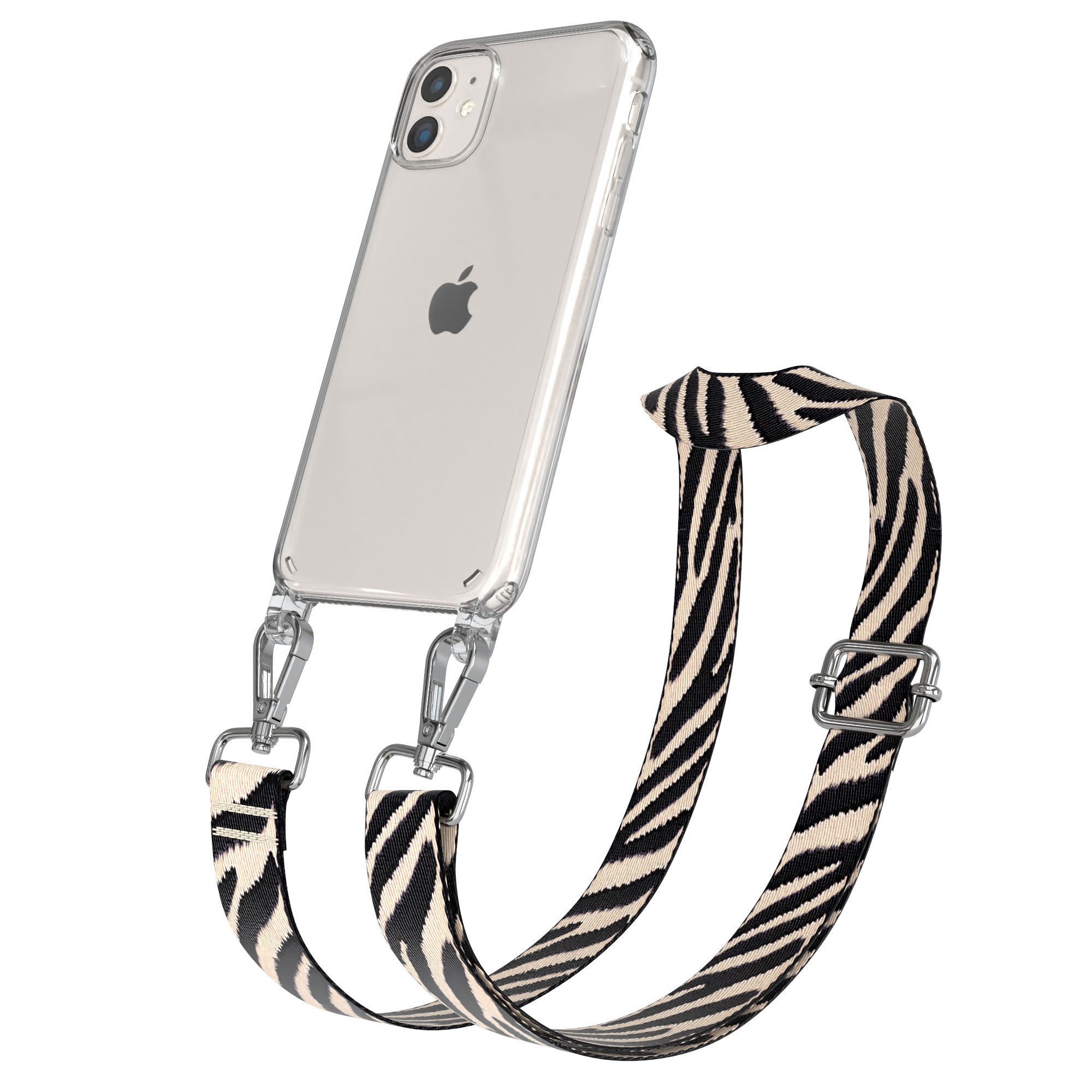 EAZY CASE Handykette Boho Umhängeband für Apple iPhone 11 6,1 Zoll, Verstellbarer Zebra Trageriemen Case transparent Kette Schwarz Beige