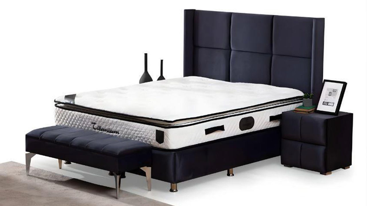 JVmoebel Schlafzimmer-Set Schlafzimmer Set Design Schwarz Holz Bett 2x Nachttische Hocker Neu, Made In Europe | Komplett-Jugendzimmer