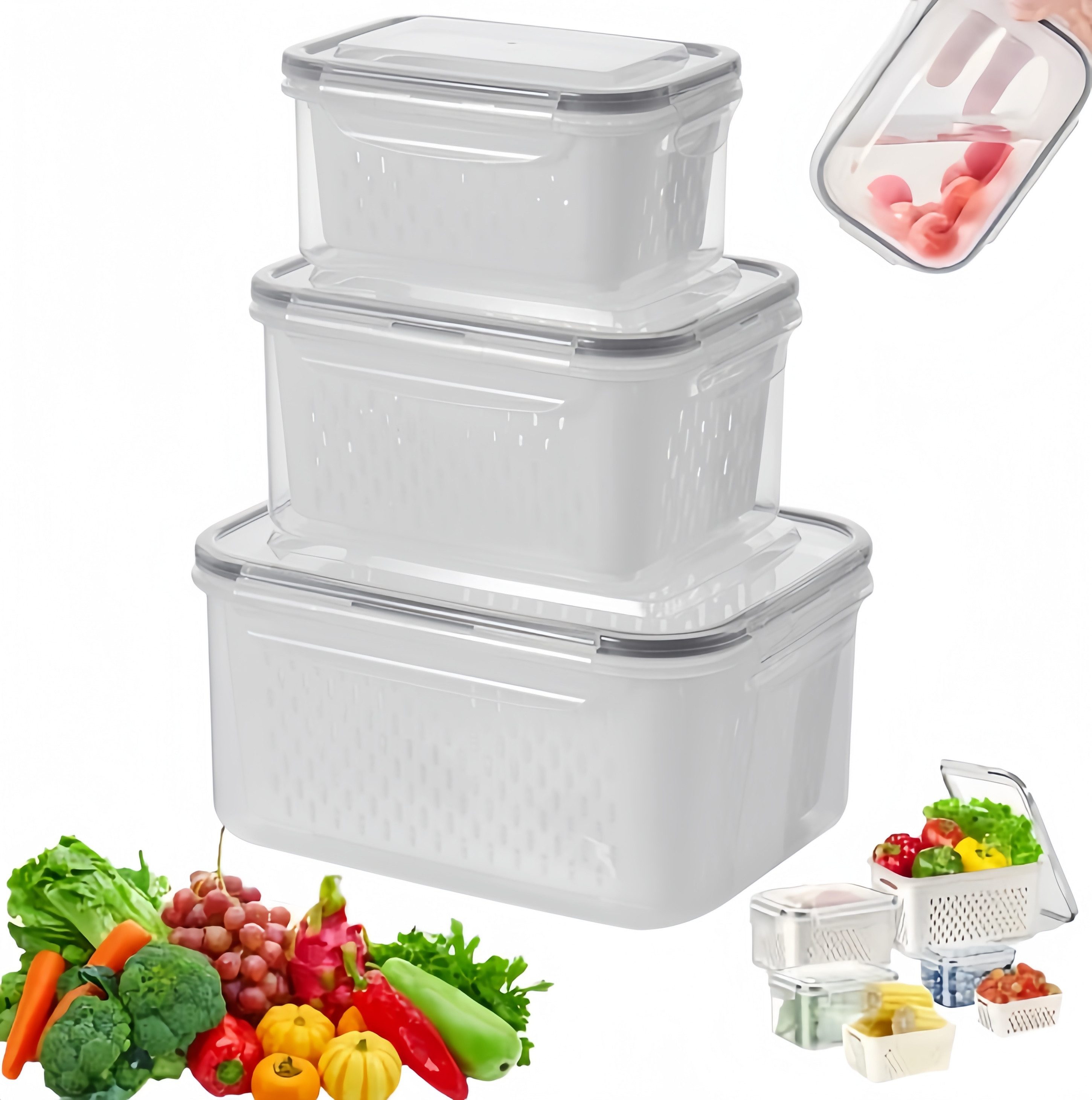 FOUORTUNATE-BEE Frischhaltedose Frischhaltedose Set mit Sieb Abtropfkorb Obst Gemüse Box, Küchen Box Set für Kühlschrank Mikrowelle Obst Gemüse Lagerung