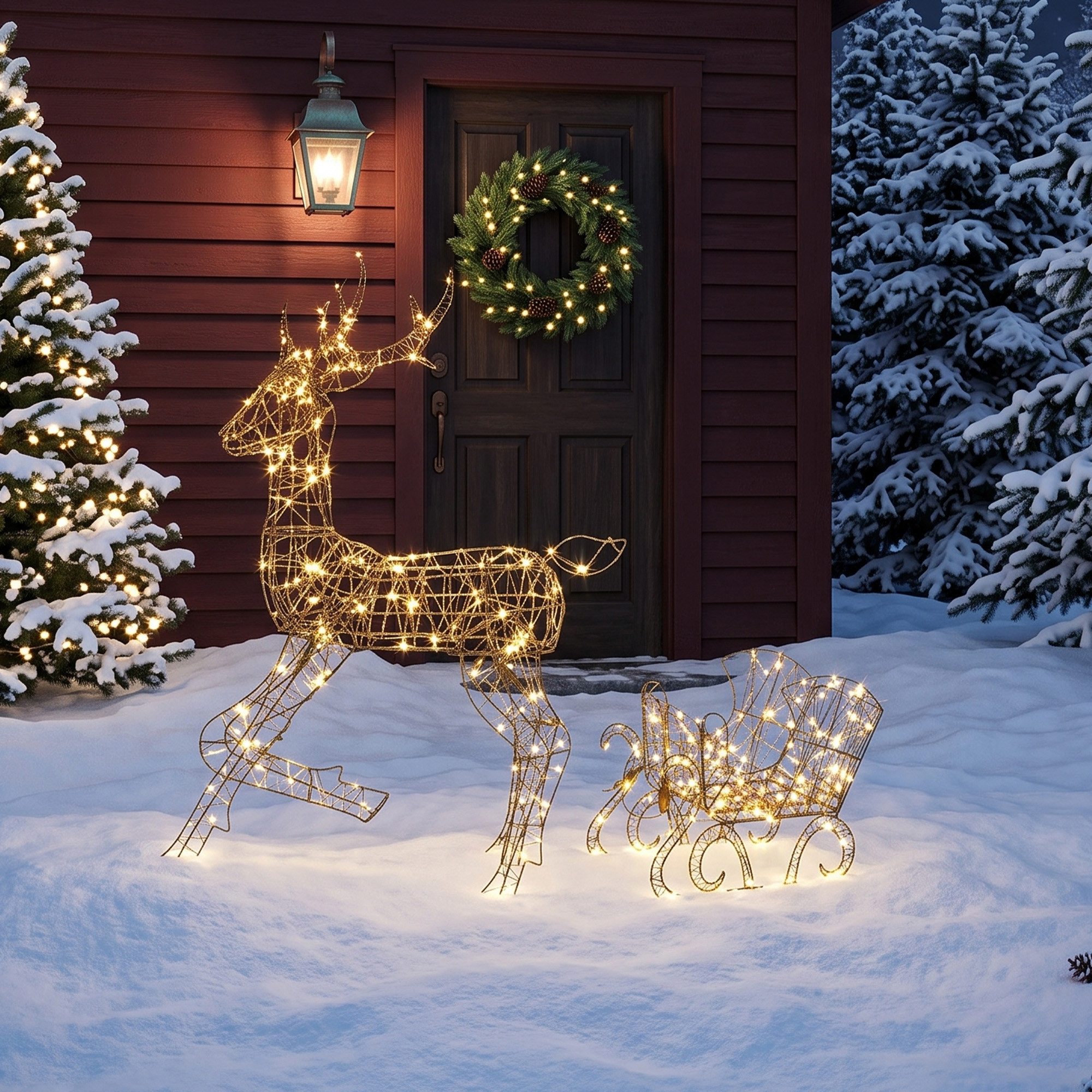 Outsunny Weihnachtsfigur Rentier mit Schlitten, warmweiße LEDs, Polyrattan, Braun (Weihnachtsbeleuchtung, 1 St., 2tlg), 175 LEDs, 8 Modi, Timer, IP44, 5 m Kabel
