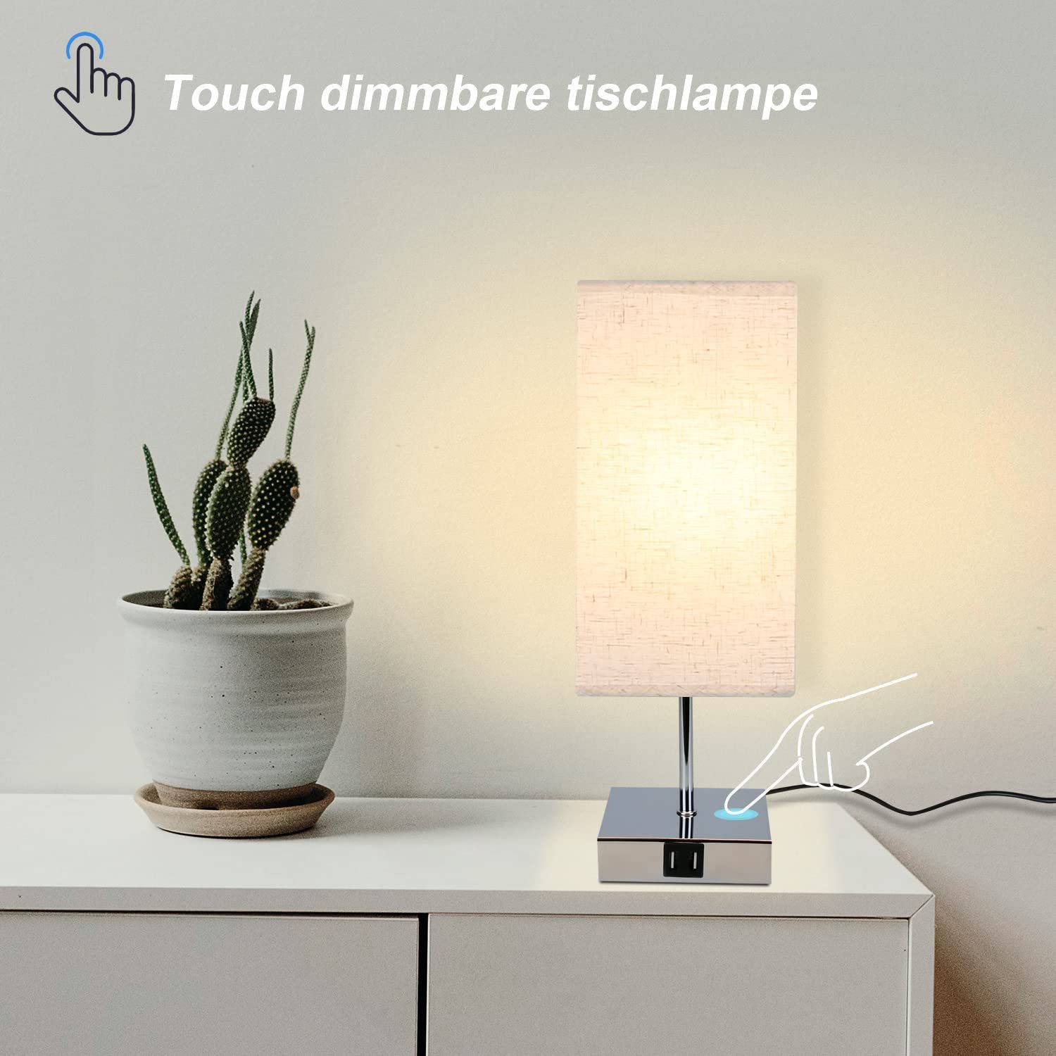 Chrom Stoffschirm Touch LED USB-Anschlüssen, mit Wohnzimmer 2 Kinderzimmer mit Ladefunktion Dimmbar ohne Nettlife USB Arbeitszimmer Nachttischlampe Schlafzimmer Leuchtmittel, Tischlampe Vintage E27, für