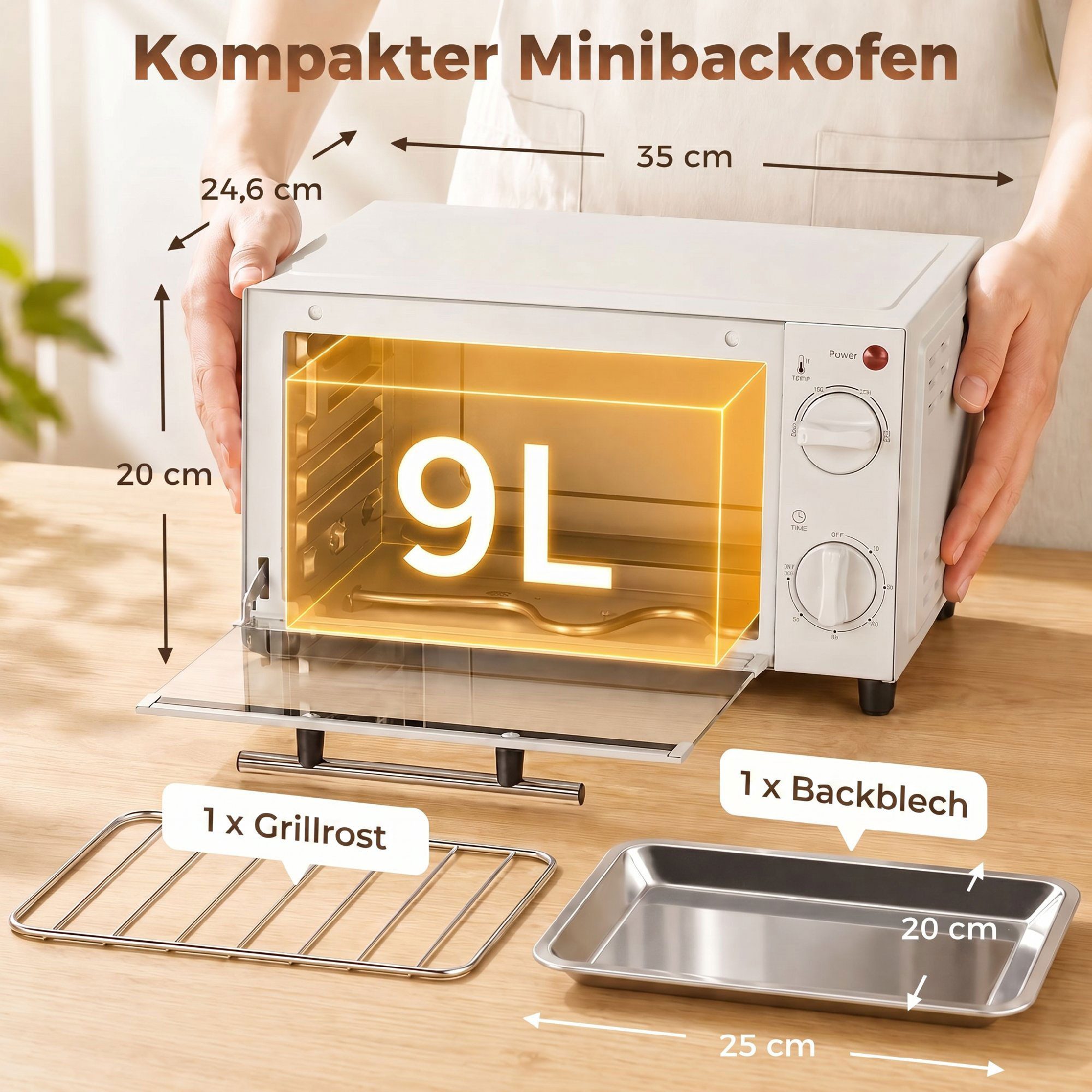 HOMCOM Minibackofen Backofen 10 L 750W 100-230℃ mit Backblech Pizza-Ofen, zum Grillen, Backen, Toasten, Cremeweiß