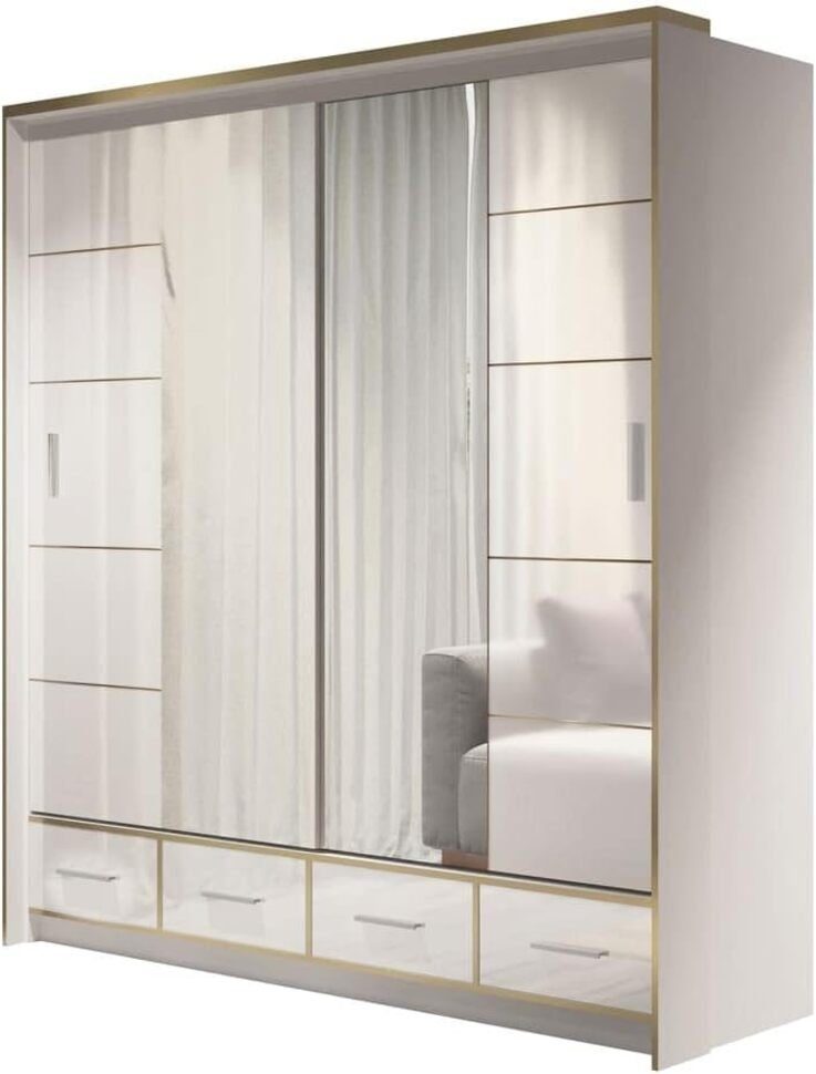 MOEBLO Kleiderschrank SERAPHINE (Schwebetürenschrank Gaderobe Schiebtüren Schlafzimmer - Modern Design, mit Spiegel 2-türig Schrank mit vielen Einlegeböden und Kleiderstange) (BxHxT): 203x220x66cm Weiß