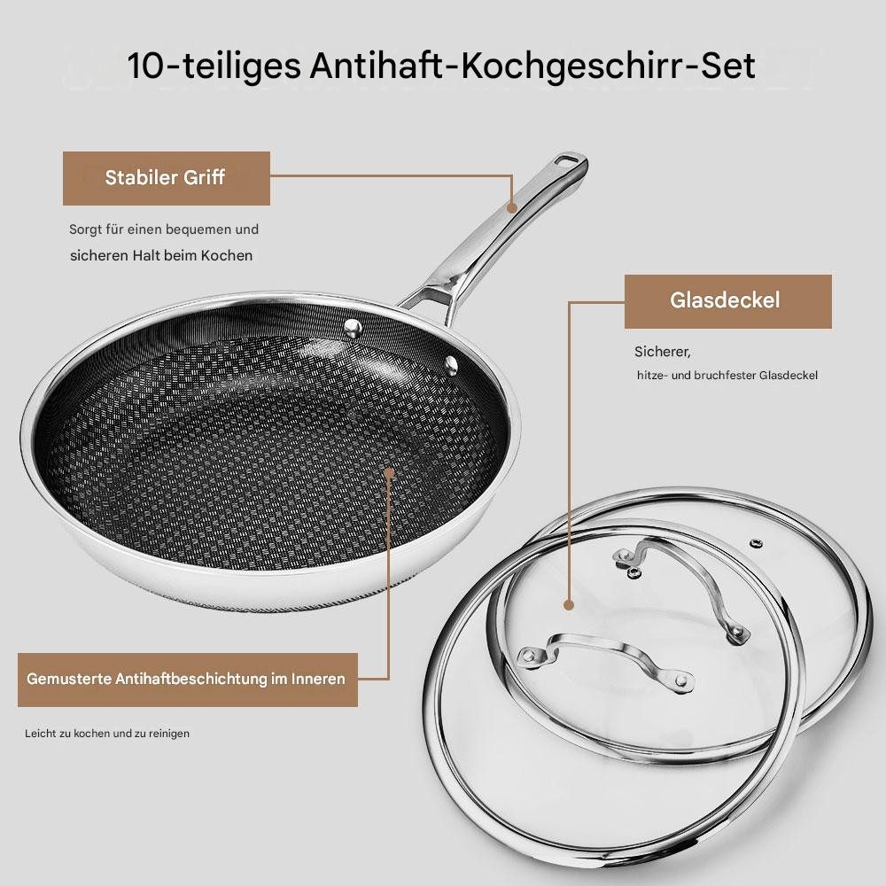 LALAHO Topf-Set 7-Teiliges Edelstahl-Kochgeschirr-Set, (Edelstahl-Kochgeschirr-Set), Es ist aus Edelstahl gefertigt und spülmaschinenfest. – Bild 4 von 5