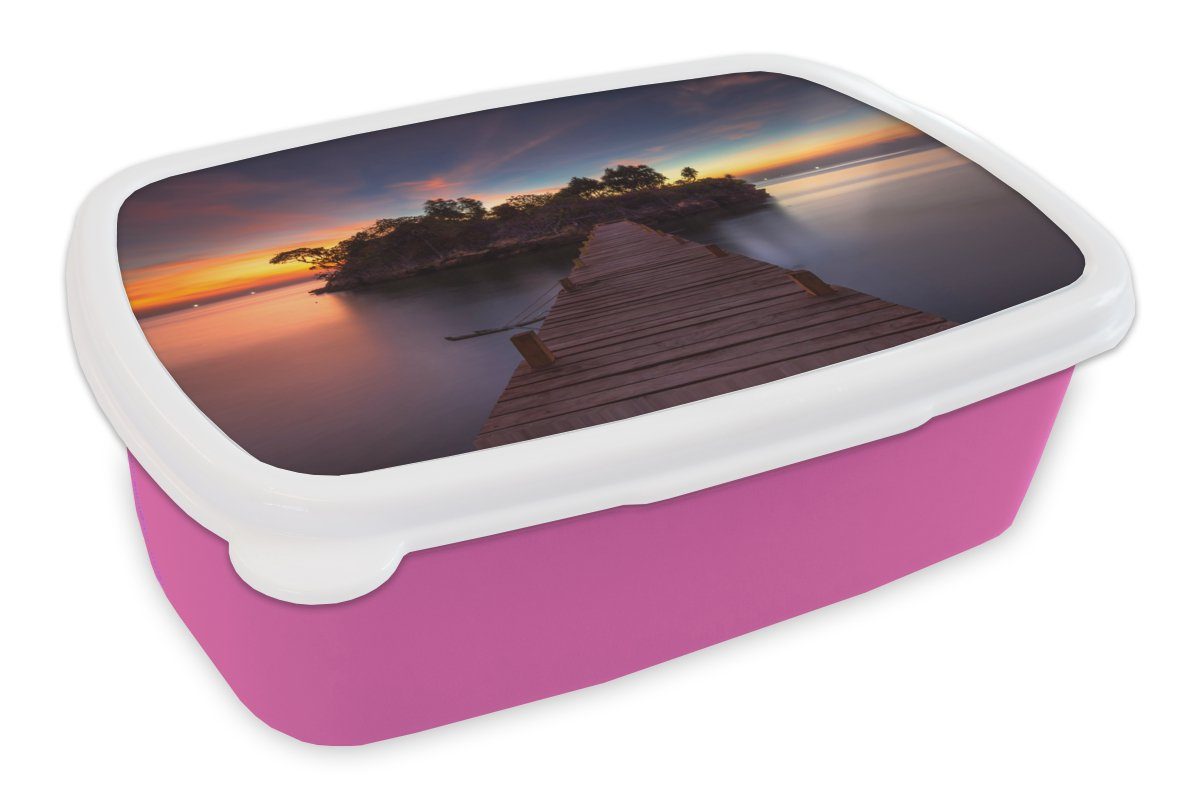 MuchoWow Lunchbox Sonnenuntergang - Brücke - Bäume - Wasser - Insel, Kunststoff, (2-tlg), Brotbox für Erwachsene, Brotdose Kinder, Snackbox, Mädchen, Kunststoff rosa