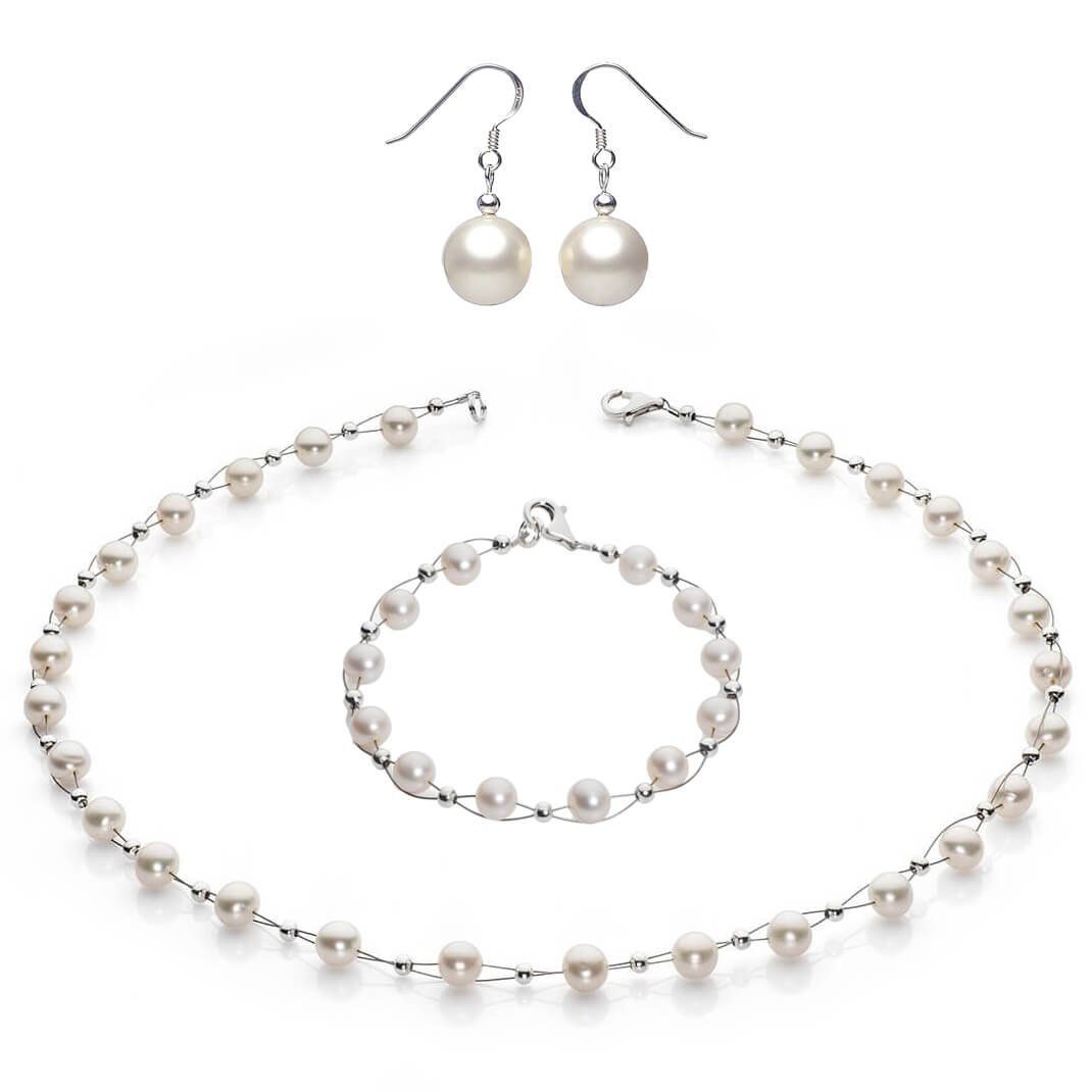 Schmuck Krone Schmuckset Schmuck-Set aus Perlen Collier, Armband und Paar Ohrhänger, Silber 925