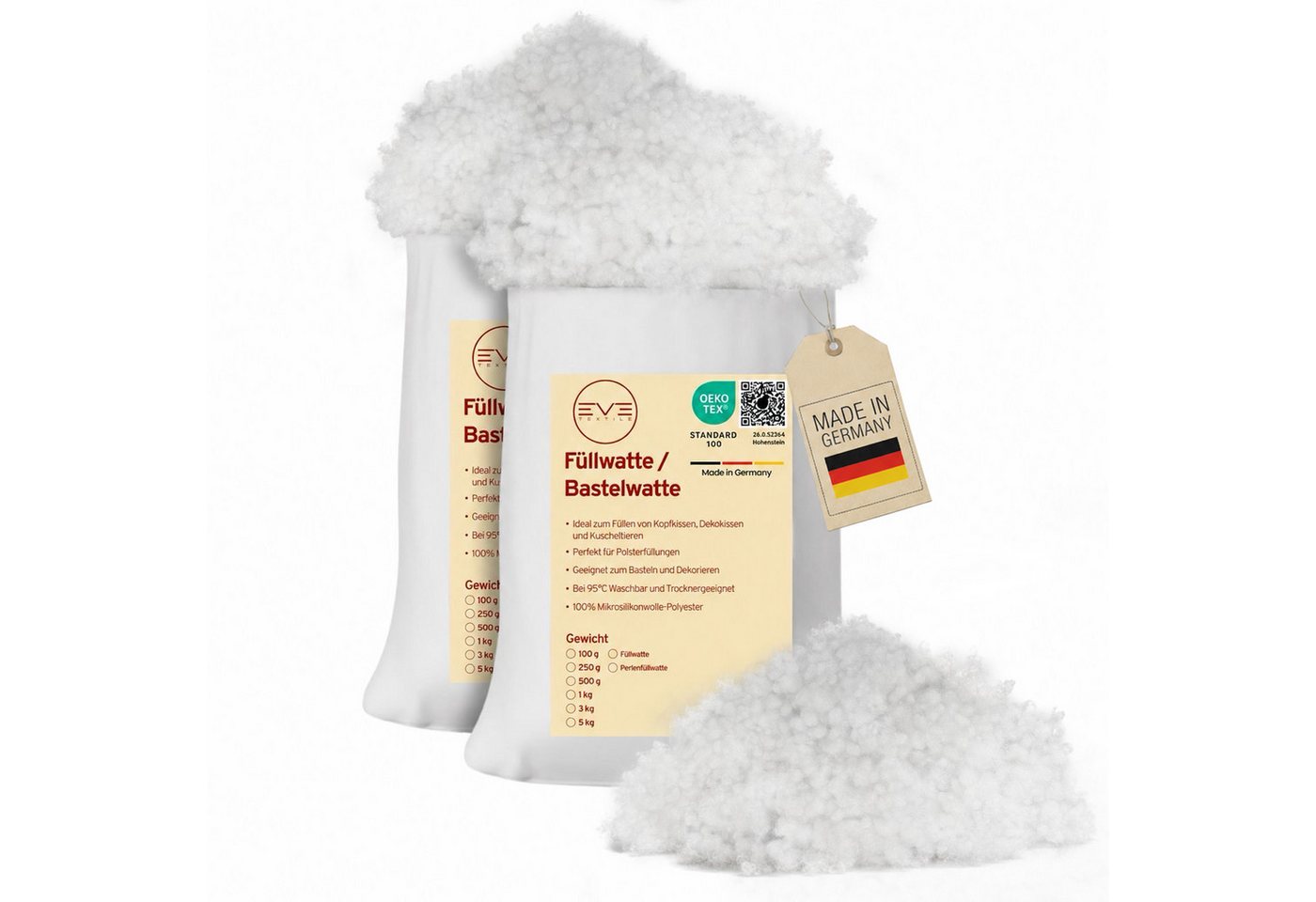 Eve Textile GmbH Kissenfüllung Füllwatte Weich Polyester Füllung Kissen Kuscheltiere DIY-Projekte, Perlenfüllwatte Formstabil Waschbar & Hypoallergen Trocknergeeignet