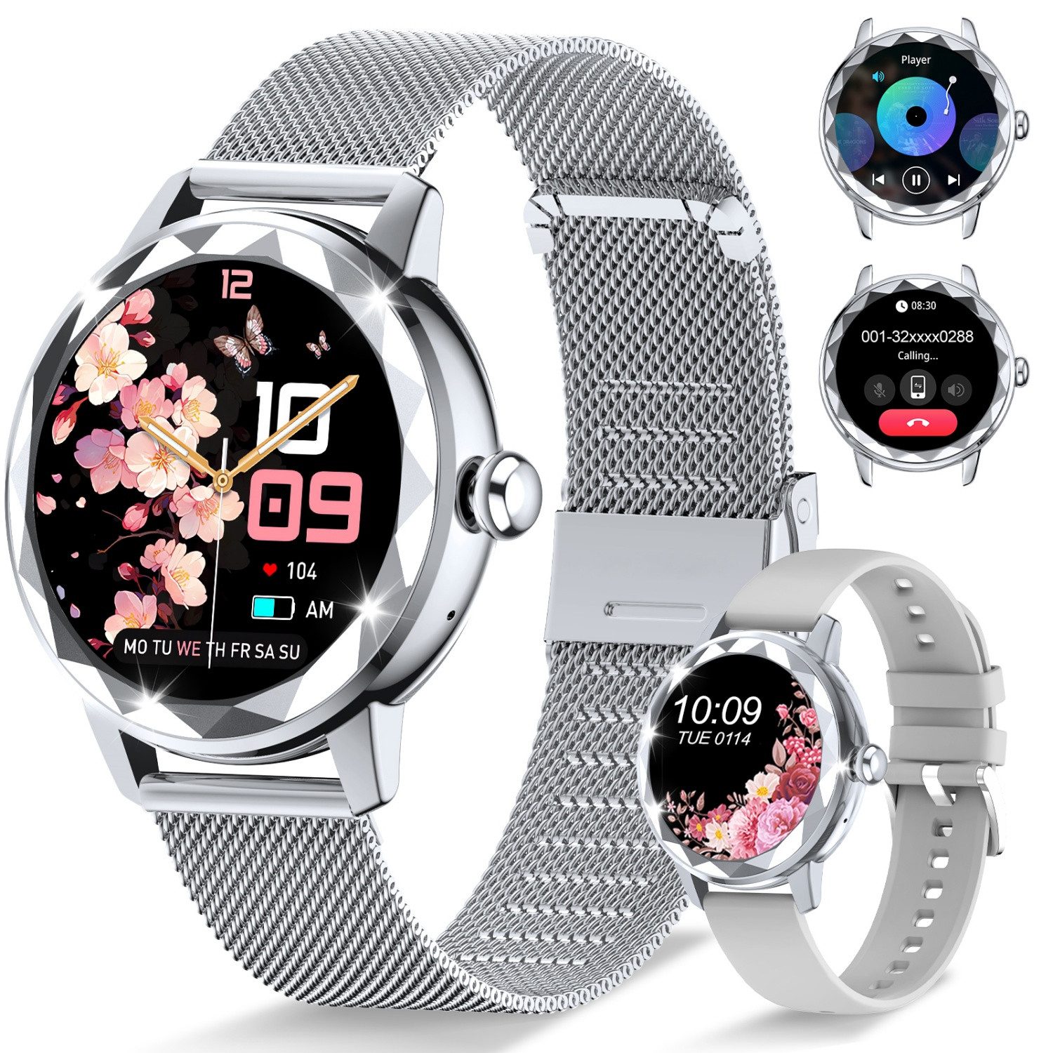 ibettertec Smartwatch Damen, mit Anruffunktion Smartwatch (Fitnessuhr mit Telefonfunktion/WhatsApp Notiz,Smartwatch Fitness Tracker Uhr IP68 Wasserdicht,1.2" HD Voll Touchscreen Fitnessuhr Tracker mit Blutsauerstoff/Pulsmesser/Sportuhr/Schrittzähler/Schla