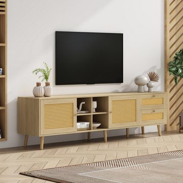 WISHDOR TV-Schrank Lowboard Fernsehtisch Landhaus (2 Rattan-Türen, 2 Rattan-Schubladen) aus Holz und Rattan, 180*40*55 cm, passend für 80 Zoll TV-Gerät