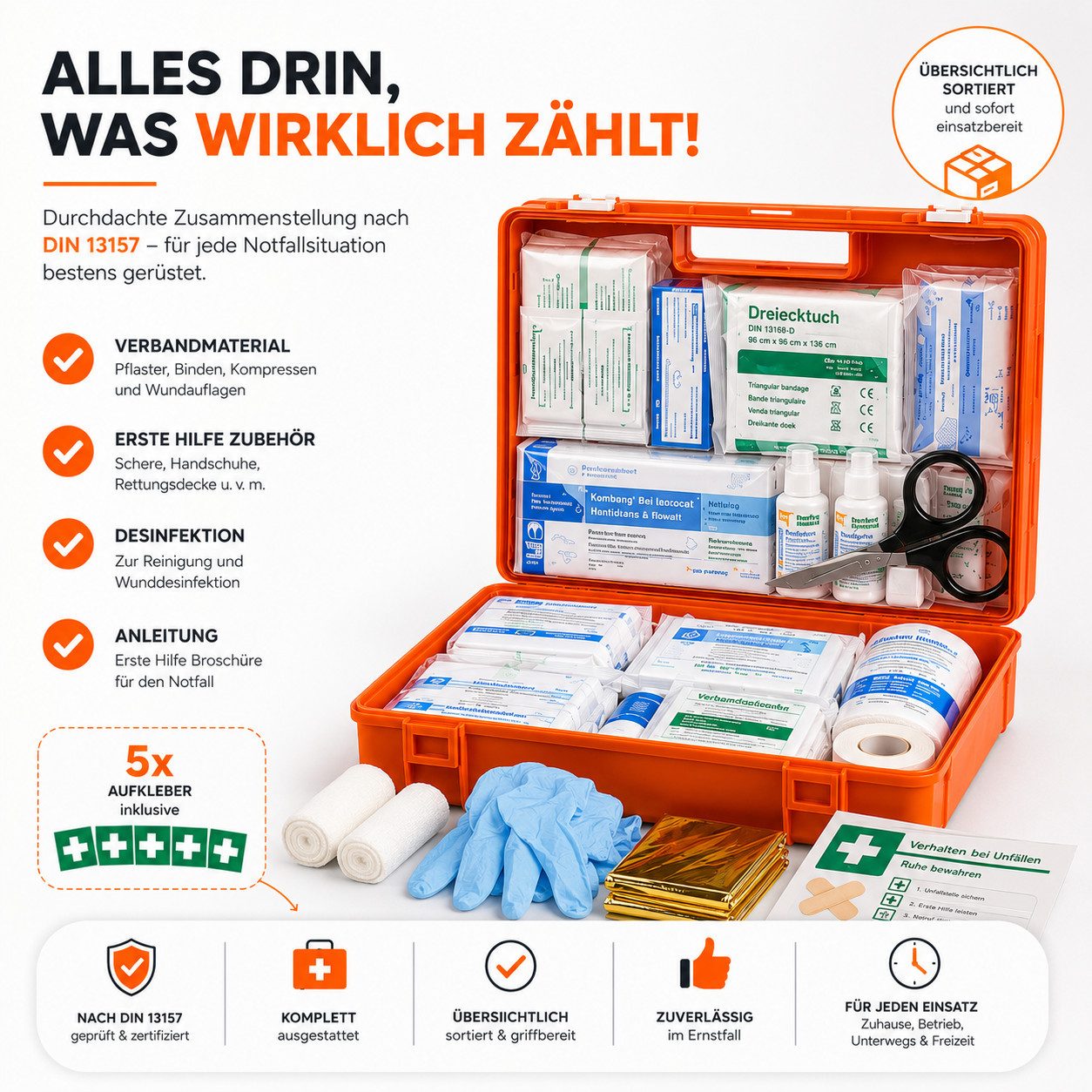 toolmate® Erste-Hilfe-Koffer Erste-Hilfe-Koffer DIN 13157:2021 mit Wandhalterung, orange, (Set), DIN 13157:2021 – Bild 2 von 5