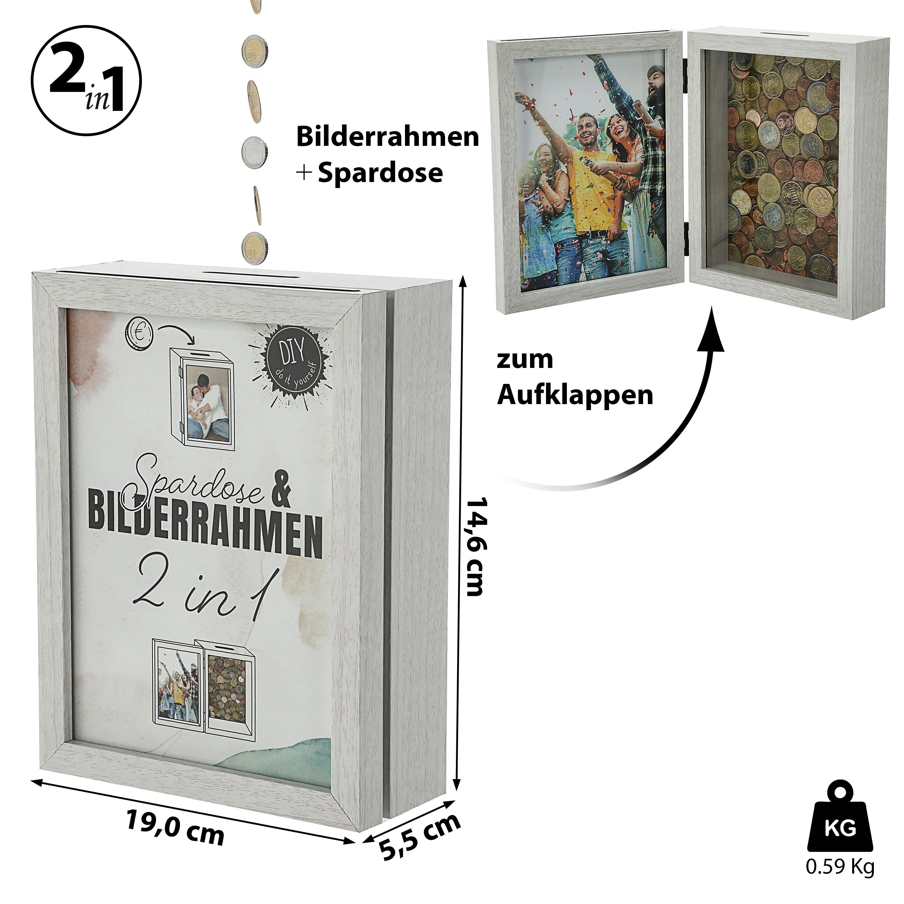 CEPEWA Spardose Spardose Bilderrahmen 2 in 1 weiß MDF 19x14,5x5,5cm klappbar Geschenk – Bild 2 von 4