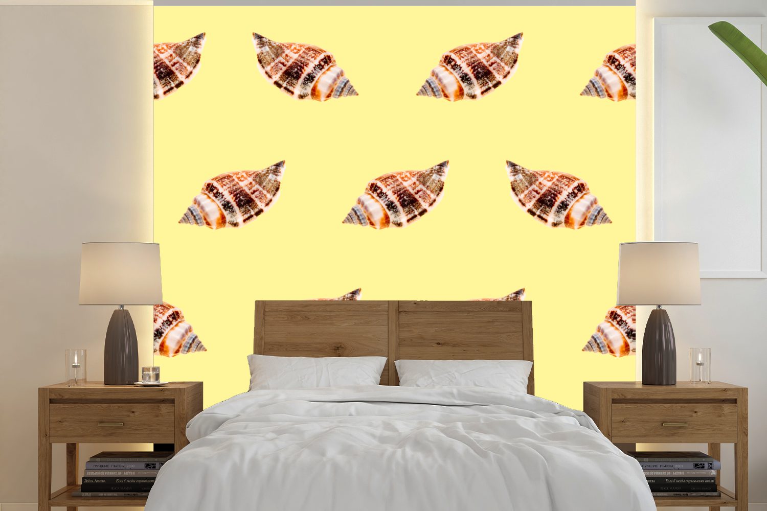MuchoWow Fototapete Muscheln - Muster - Gelb, Matt, bedruckt, (5 St), Vinyl Tapete für Wohnzimmer oder Schlafzimmer, Wandtapete