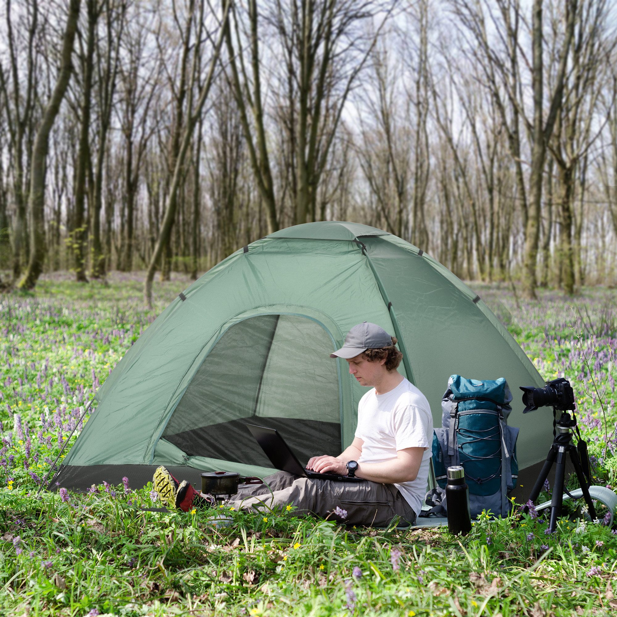 Outsunny Kuppelzelt Familienzelt wasserdicht, Campingzelt mit 2000mm Wassersäule, Personen: 2 (Campingzelt für 2 Personen, 1 tlg., Gruppenzelt), für Camping Reise Trekking Garten