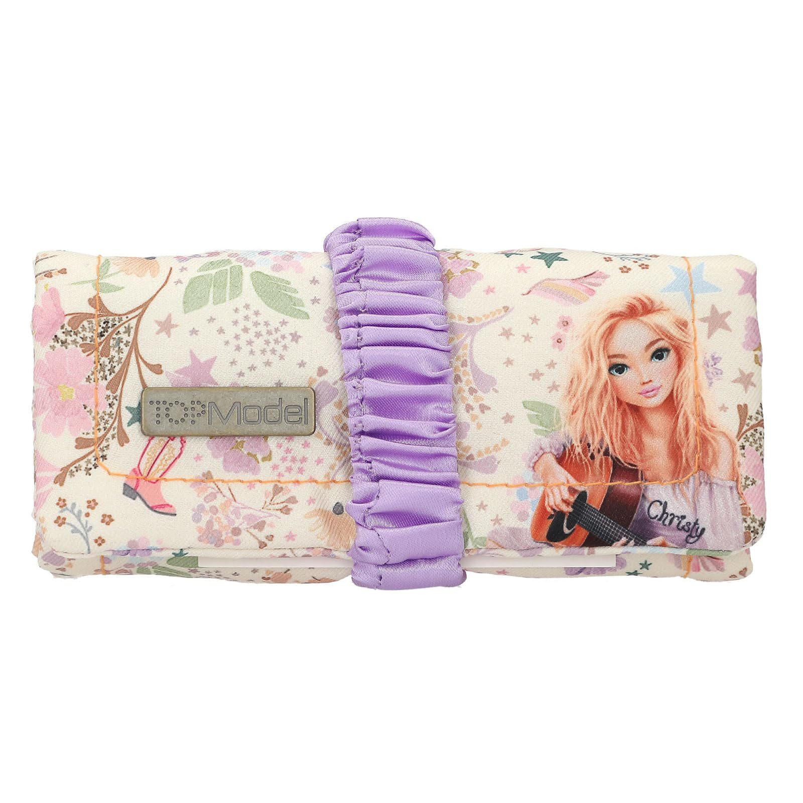 Depesche Federmäppchen TOPModel Cowgirl Roll Schmucketui Lila Creme mit Model Motiv, Blumen Muster, Mäppchen mit gerafftem Band