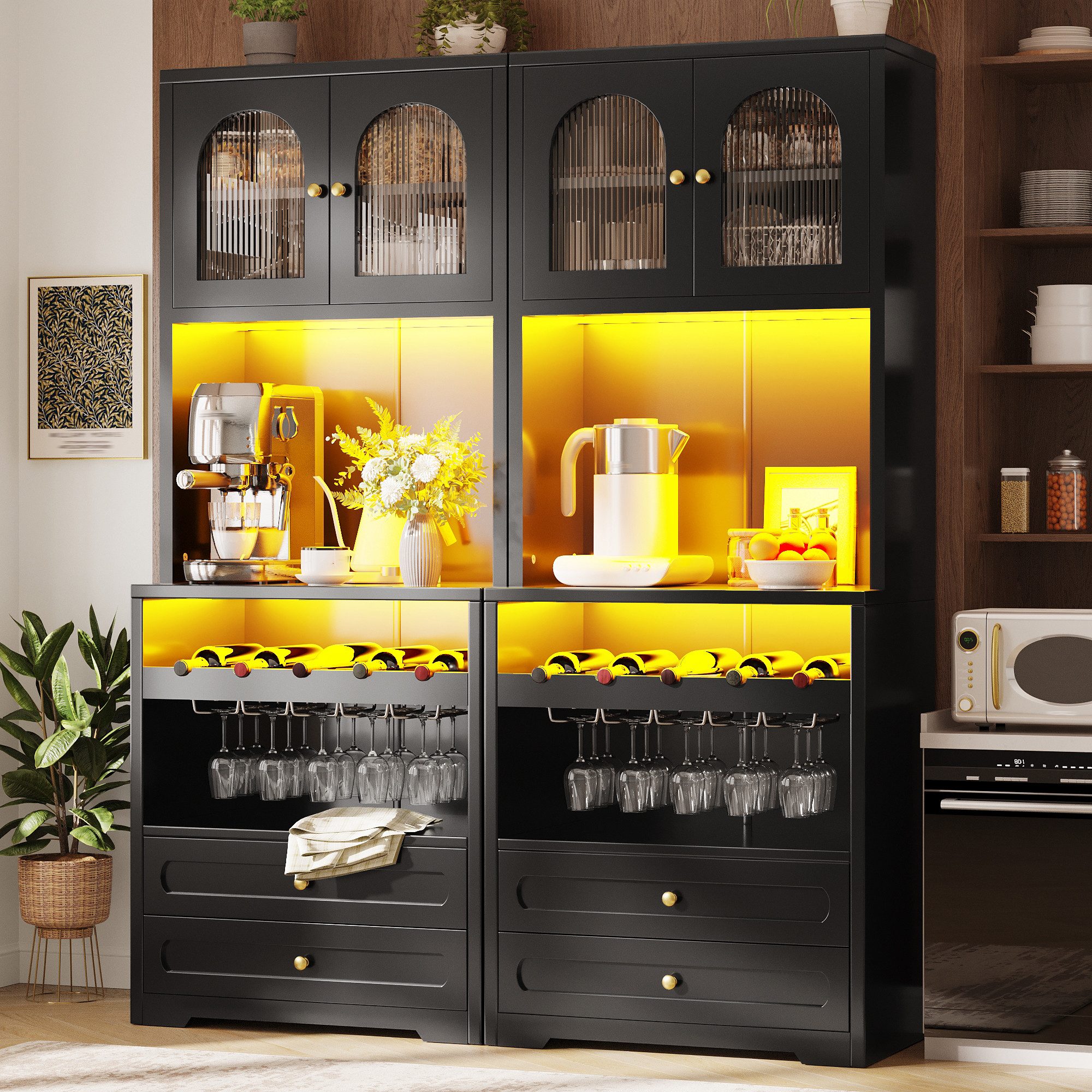 KLAM HOME Hochschrank Hochschrank mit gewölbten Glastüren & App‑LED‑Beleuchtung 70×40×180 cm (Smarter Vitrinenschrank mit Weinregal, USB‑Anschluss, Musik‑Synchronisation) MDF‑Hochschrank in Weiß/Schwarz mit Kippschutz für Wohn‑ und Esszimmer
