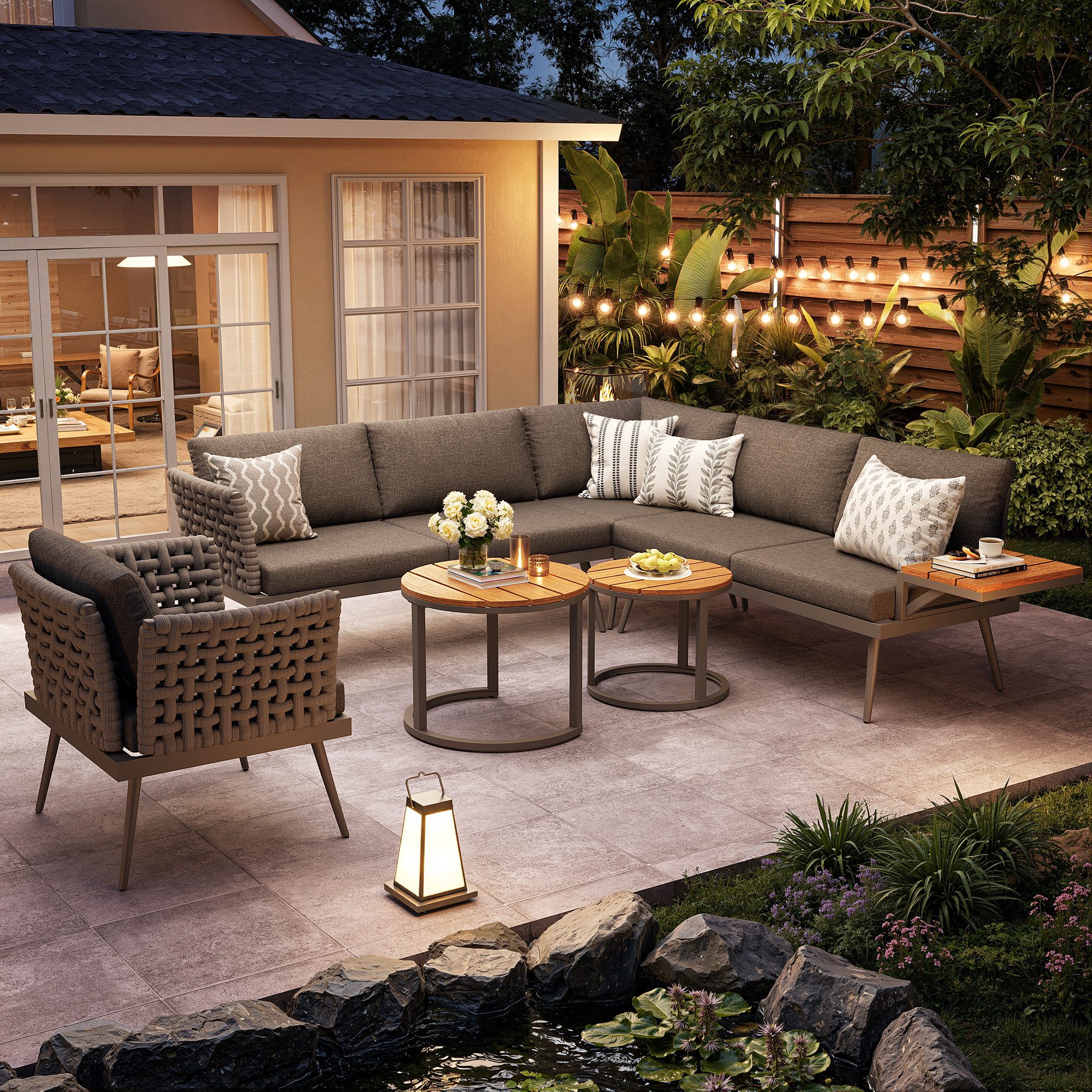 Flieks Gartenlounge-Set, 6-Sitzer L-Form Gartensofa Eckgarnitur mit 2 stapelbaren Couchtische