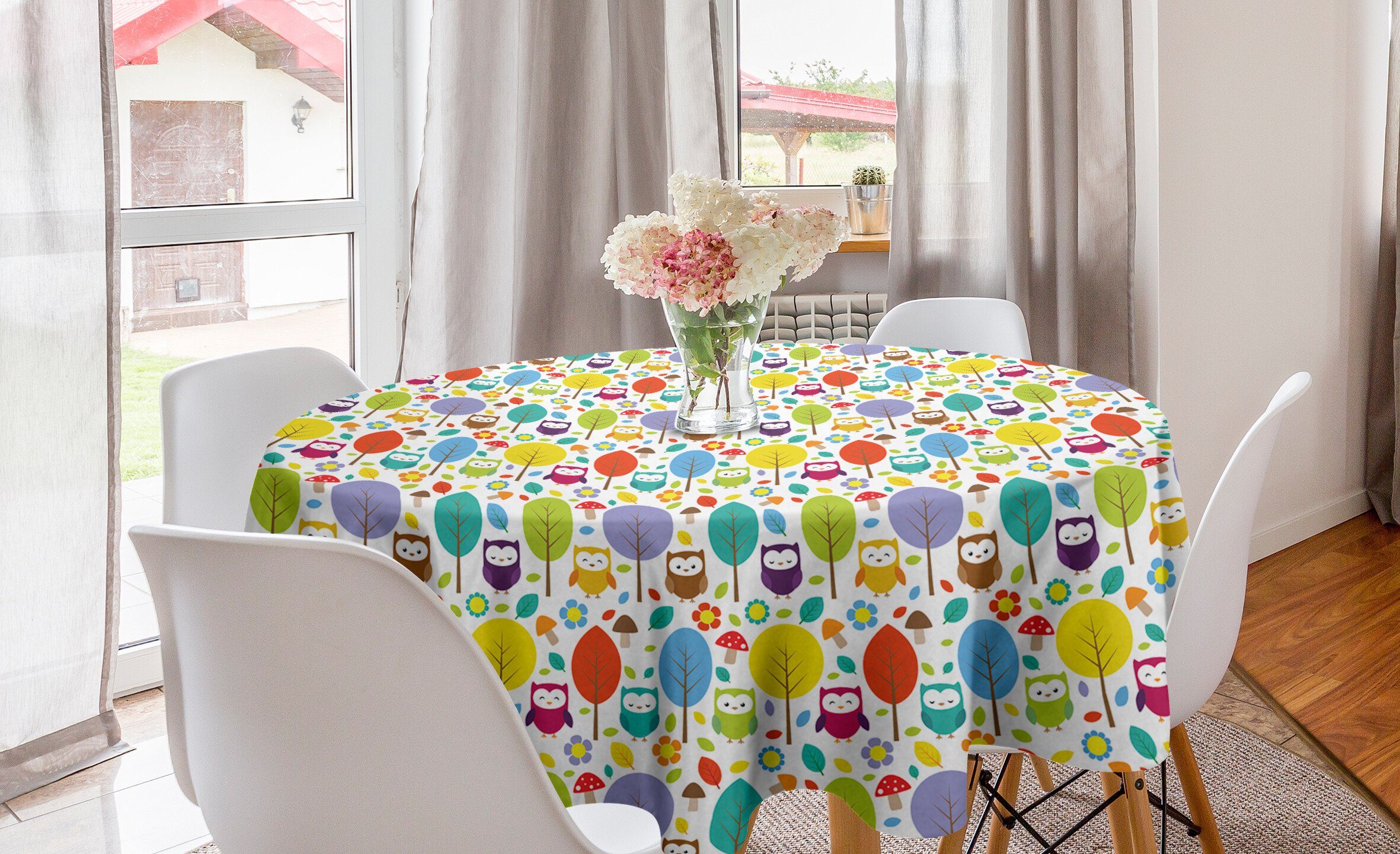 Abakuhaus Tischdecke Kreis Tischdecke Abdeckung für Esszimmer Küche Dekoration, Kindergarten Bunte Wald Eulen