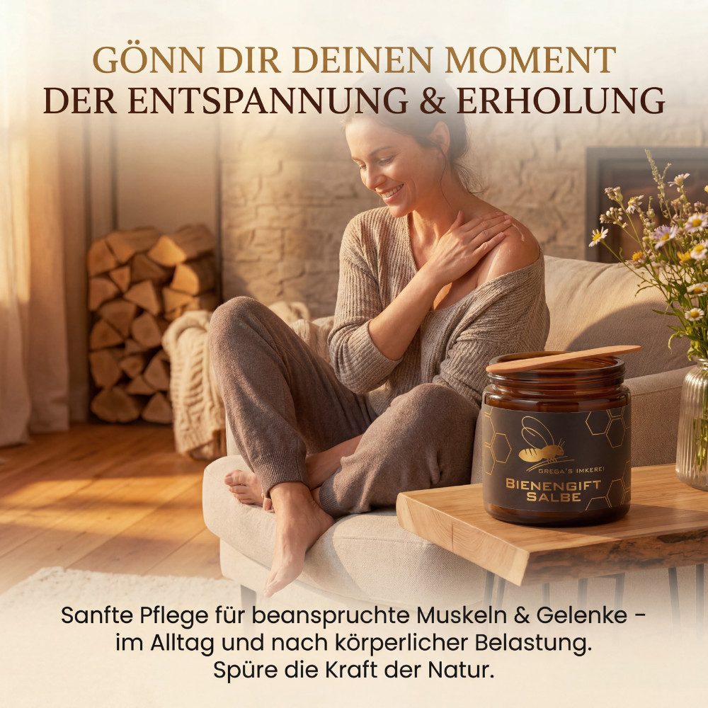 Grega´s Imkerei Körpercreme Bienengiftsalbe 100 ml - Derma Test „Sehr gut“ inkl. Massivholz Cremespatel, 1-tlg., Hochkonzentrierte Muskel- und Gelenkpflege mit ca. 330 Bienenstichen