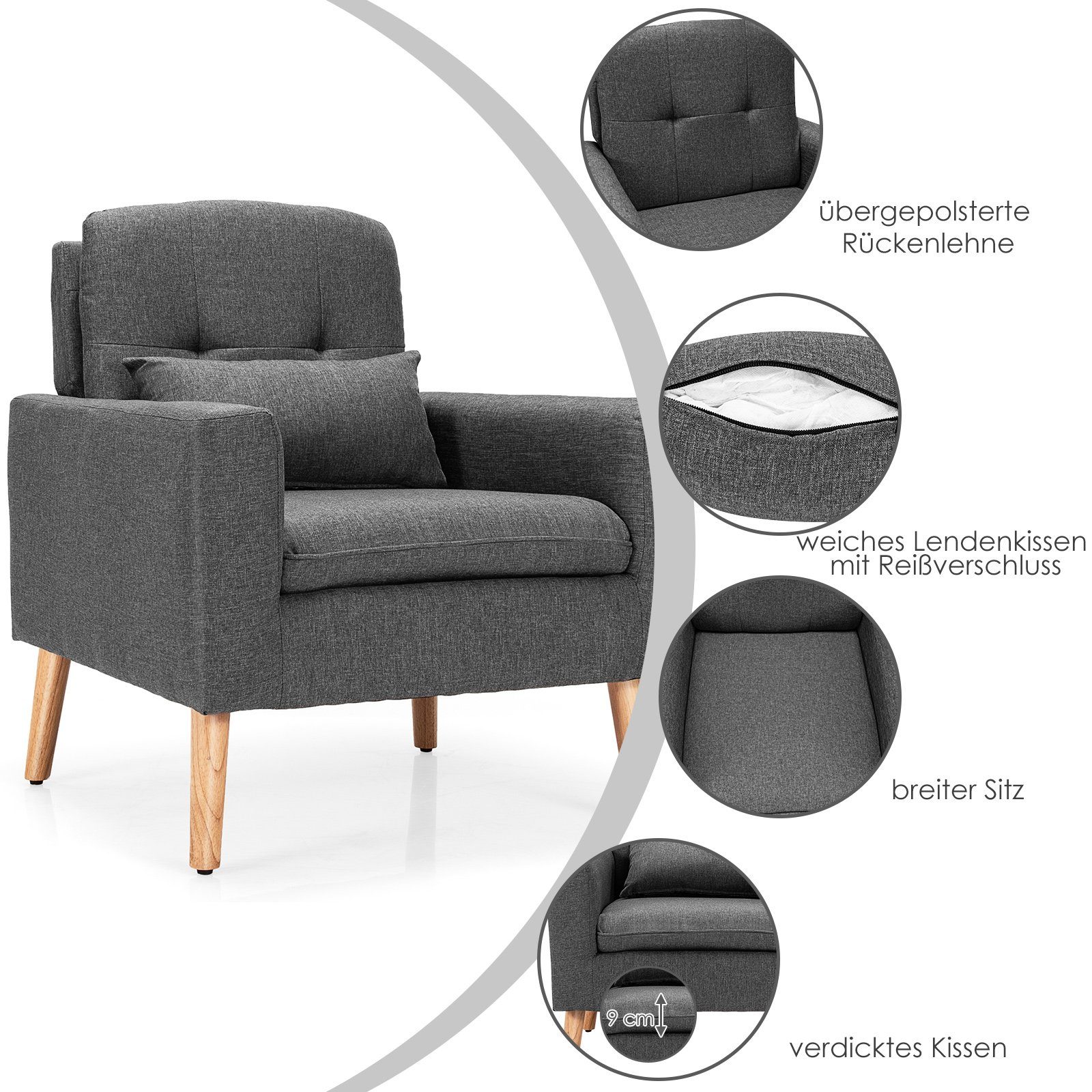 COSTWAY Relaxsessel, mit Armlehnen & Rückenkissen,gepolstert,grau,150kg günstig online kaufen