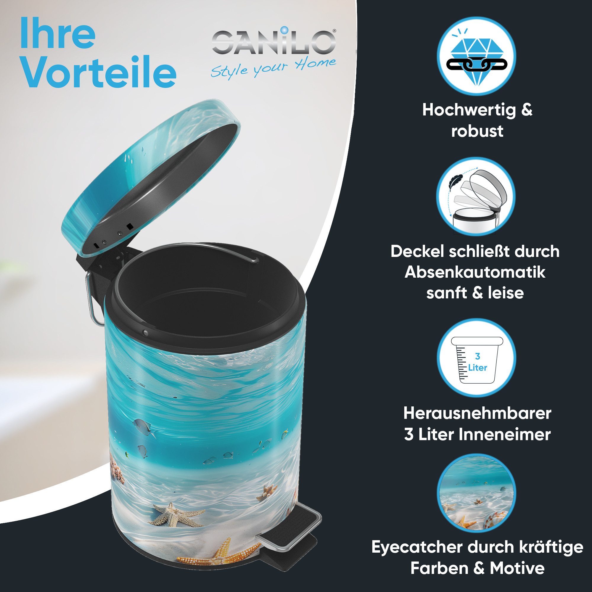 Sanilo Kosmetikeimer mit Motiv, viele schöne Bad Mülleimer zur Auswahl, 3 Liter, Abfalleimer mit Absenkautomatik & Innenbehälter