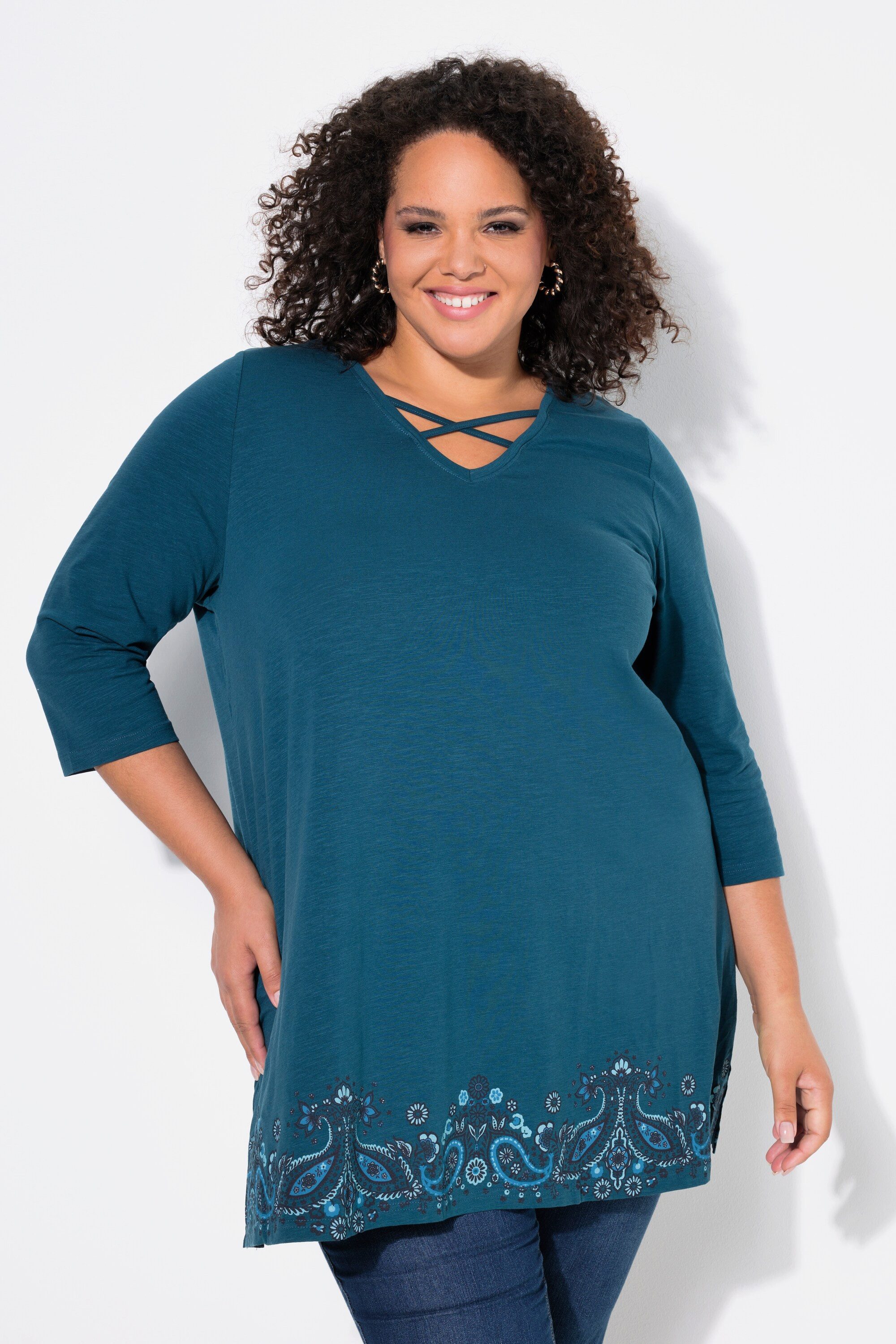 Ulla Popken Longshirt Longshirt Bordürendruck A-Linie V-Ausschnitt