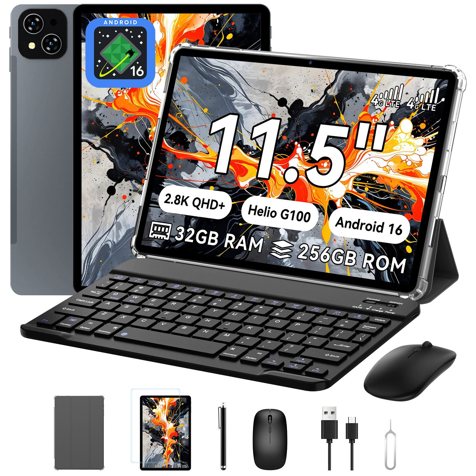 KOBONA 11,5 Zoll T12Pro mit Tastatur, 2,8K QHD+BOE, Android 16, 4G LTE, 256GB Tablet (11.5", 256 GB, Android 16, 4G(LTE), 8000mAh, octa-core, 32(8+24)GB, Gemini KI)