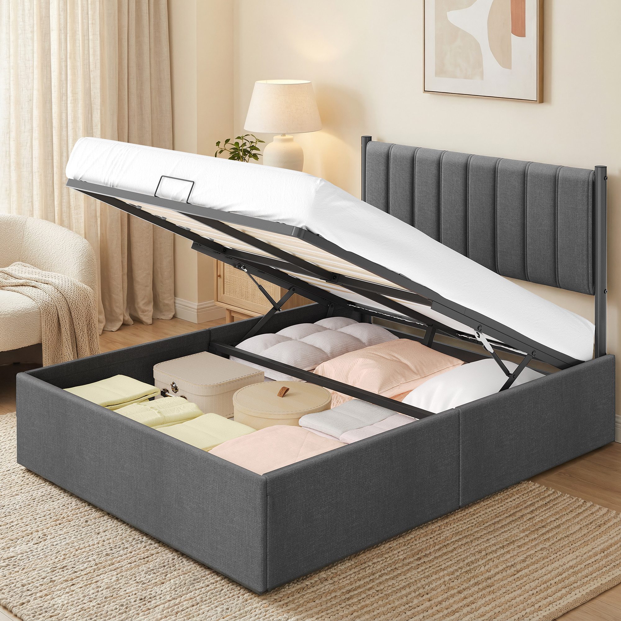 VASAGLE Polsterbett Bettgestell, Bettrahmen, Bett, modern, einfache Montage, Kopfteil, klappbar Lattenrost, Hydrauliksystem, 140 x 200 cm