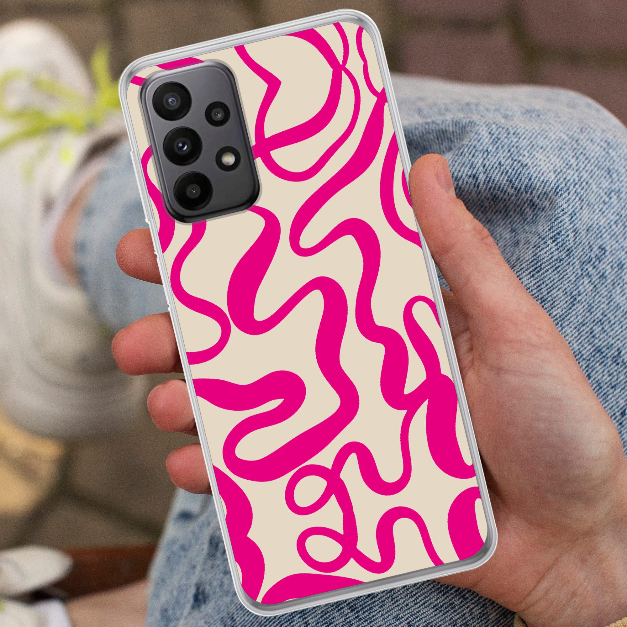 MuchoWow Handyhülle für Samsung Galaxy A23 5G Linien - Rosa - Beige - Abstrakt - Minimalis, Smartphone-Bumper, Print, Handy Schutzhülle Dünn